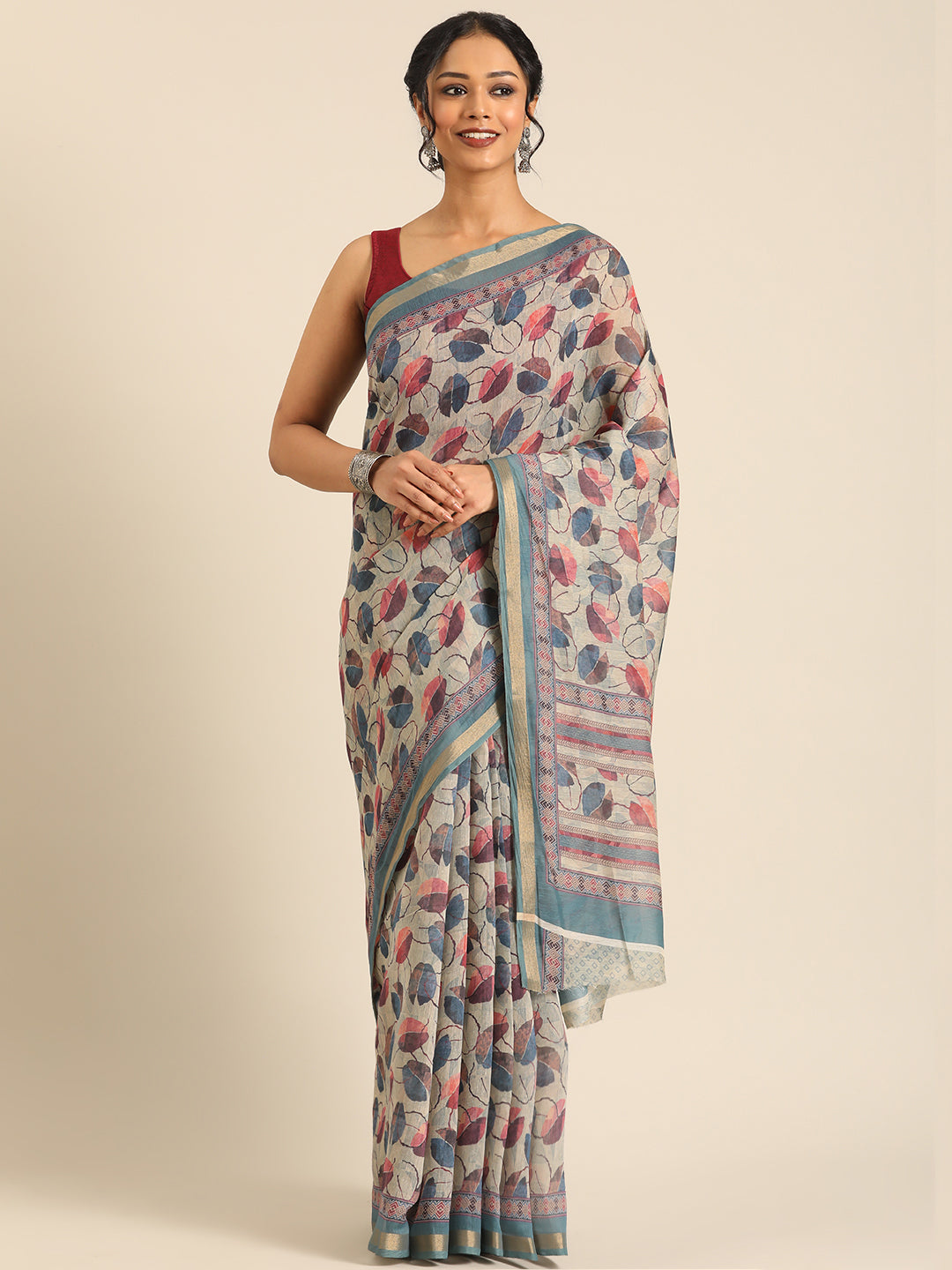 Taraang– Cream Printed Cotton Chanderi Saree