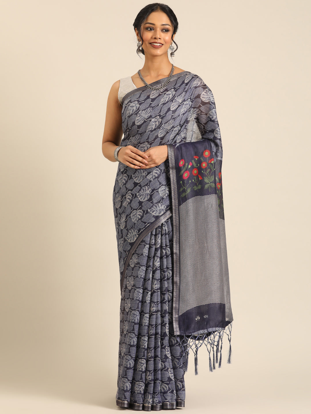 Saanvi–Blue Printed Cotton Linen Saree