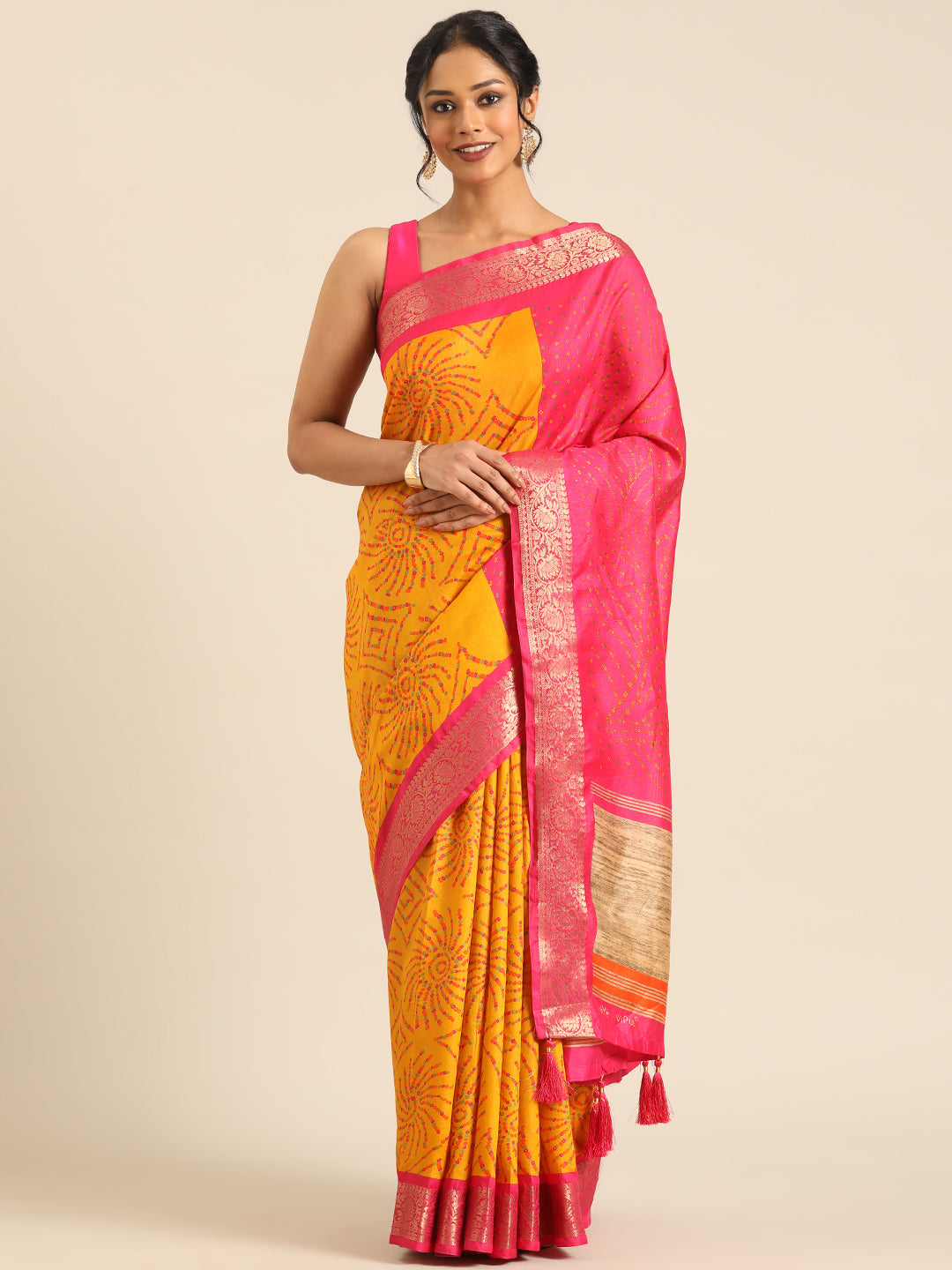 Vanya–Yellow Pink Printed Weaving Silk Saree