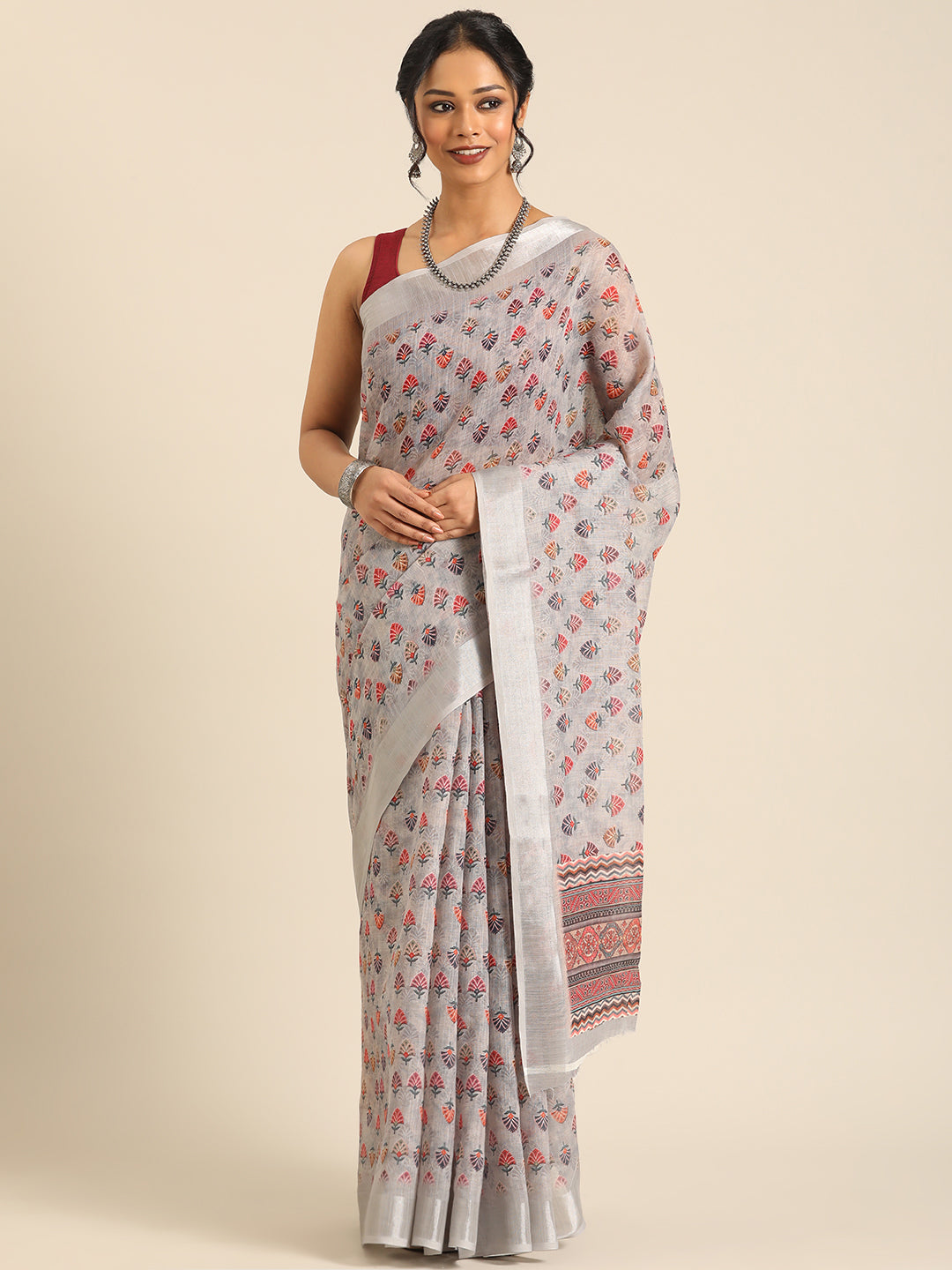Mridula–Grey Printed Linen Saree
