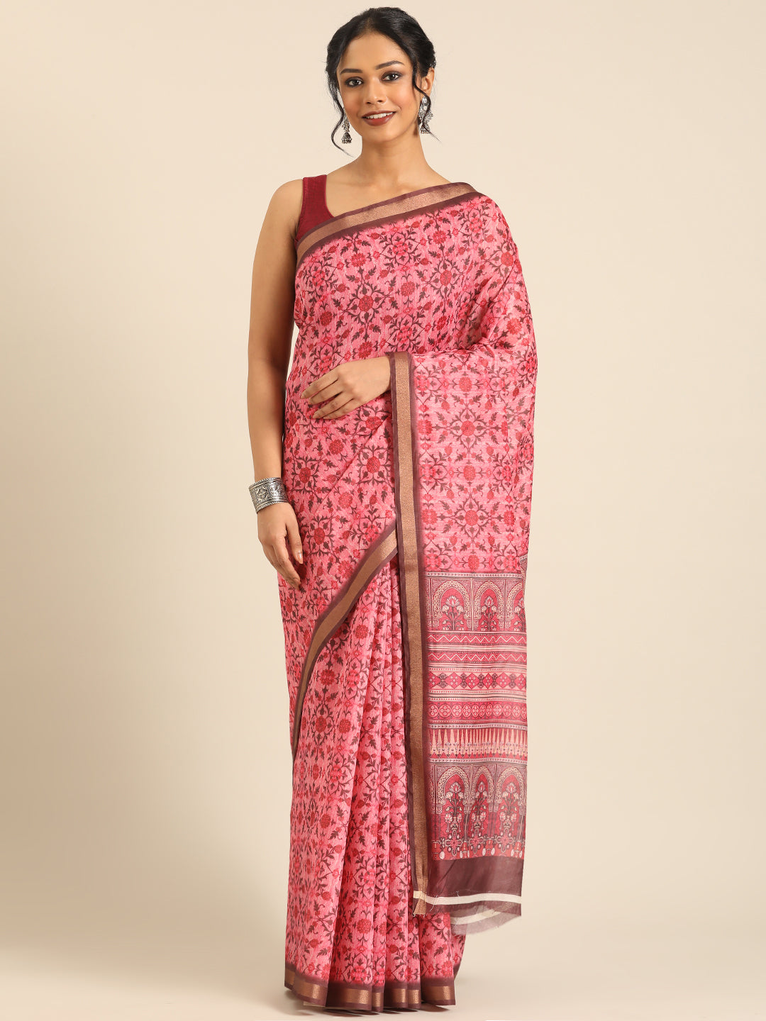 Taraang–Pink Printed Cotton Chanderi Saree