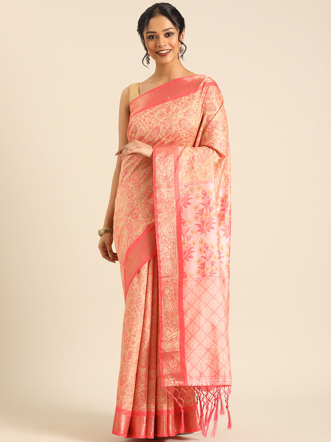 Niraaya–Peach Printed Soft Silk Saree