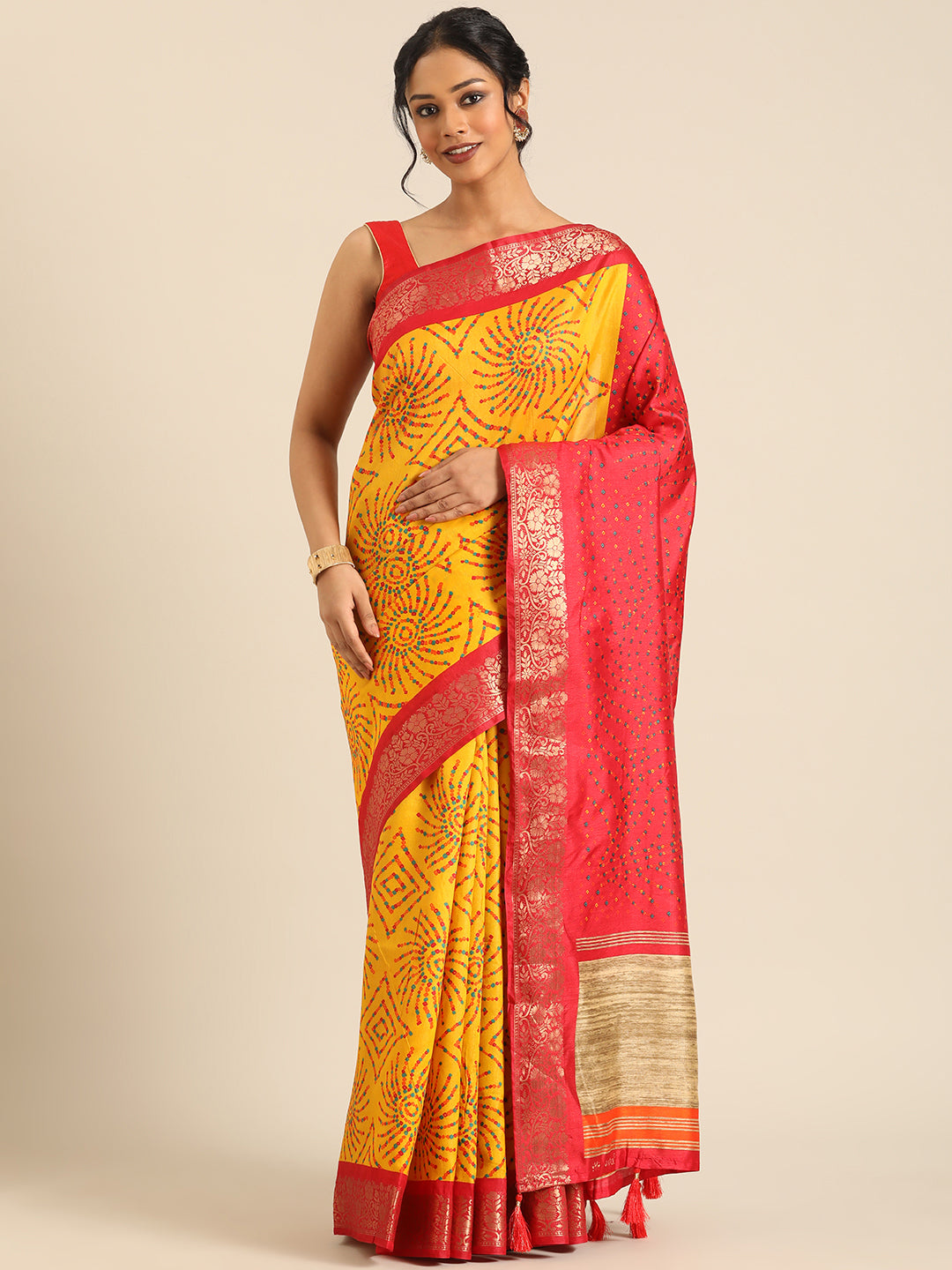 Vanya–Yellow Red Printed Weaving Silk Saree