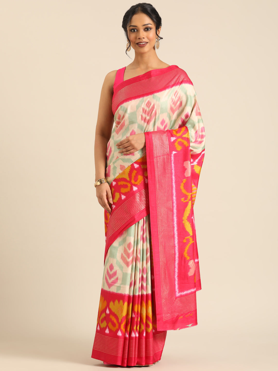 Tanta–Cream Printed Soft Silk Saree