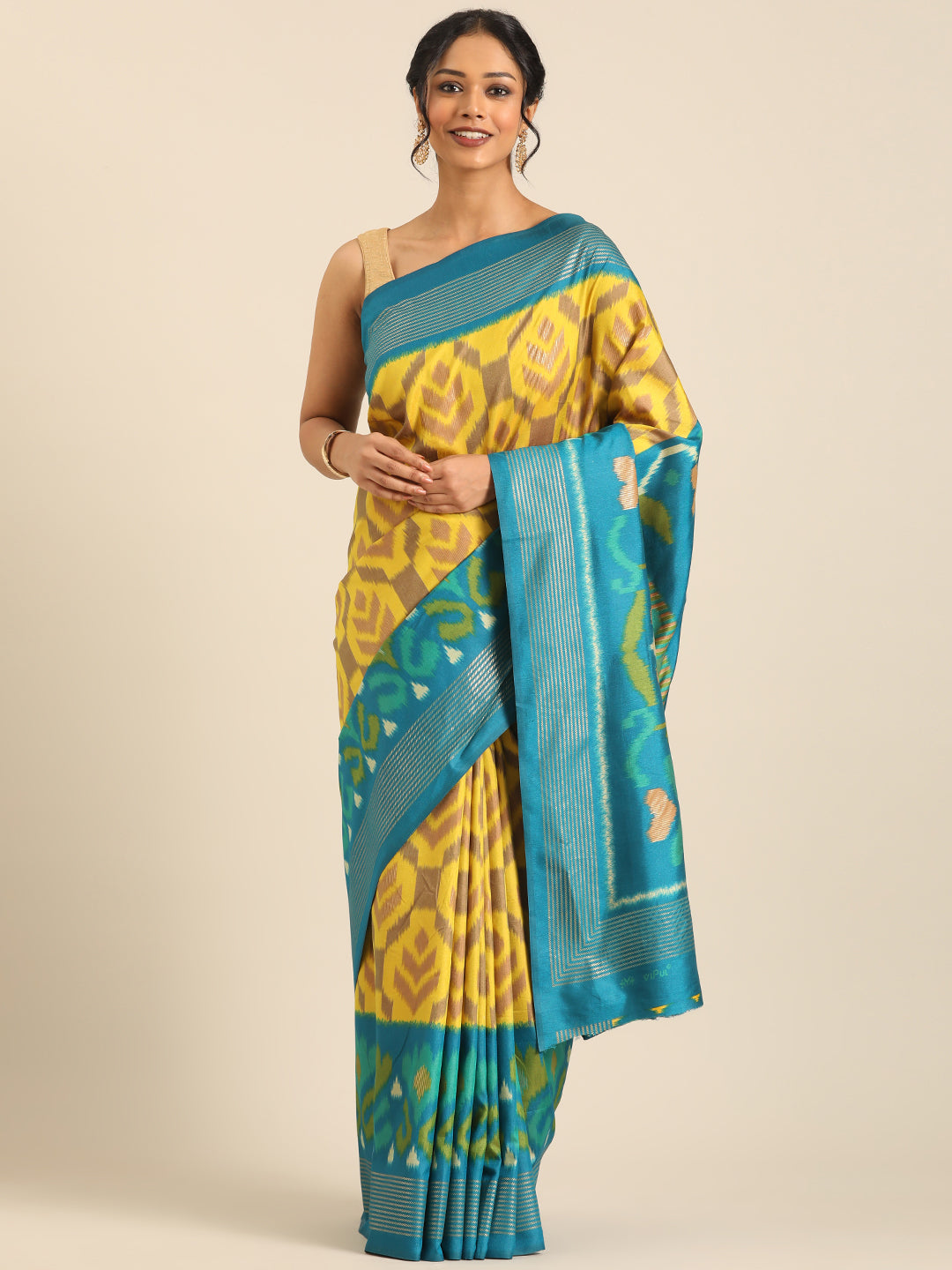Tanta–Yellow Turqouise Printed Soft Silk Saree