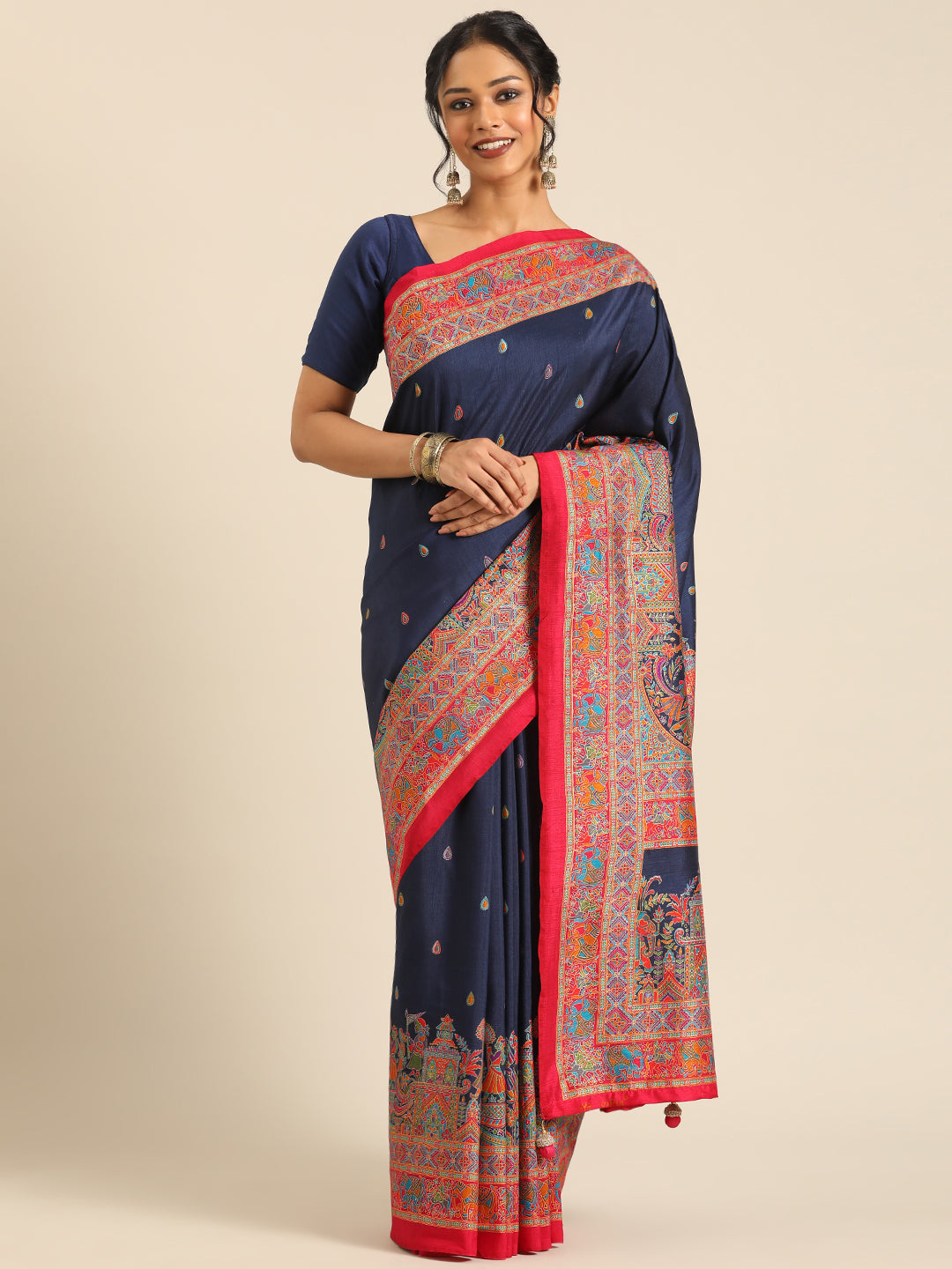 Kumuda – Navy Blue Printed Soft Silk Saree