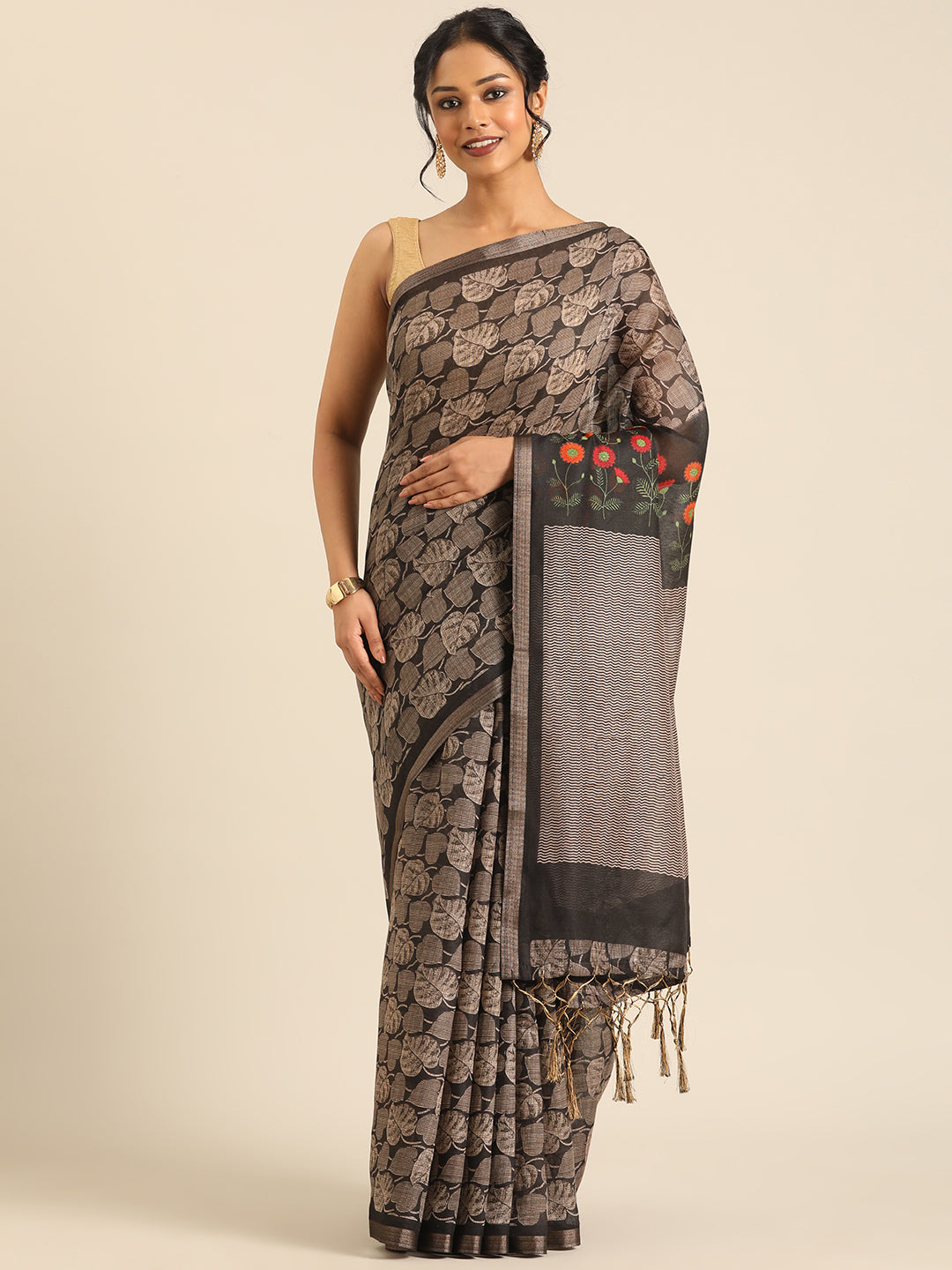 Saanvi–Beige Printed Cotton Linen Saree