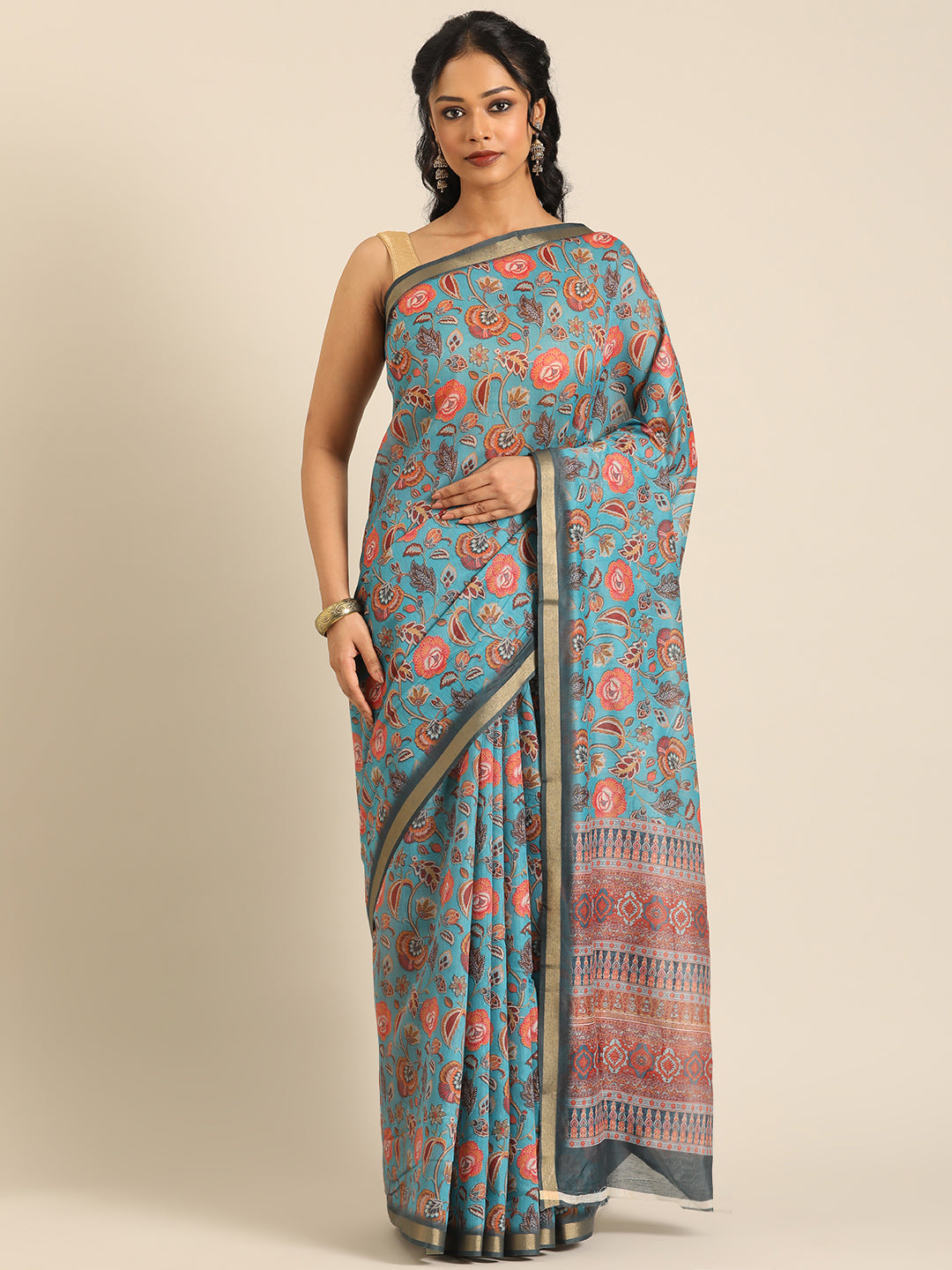 Taraang–Blue Printed Cotton Chanderi Saree