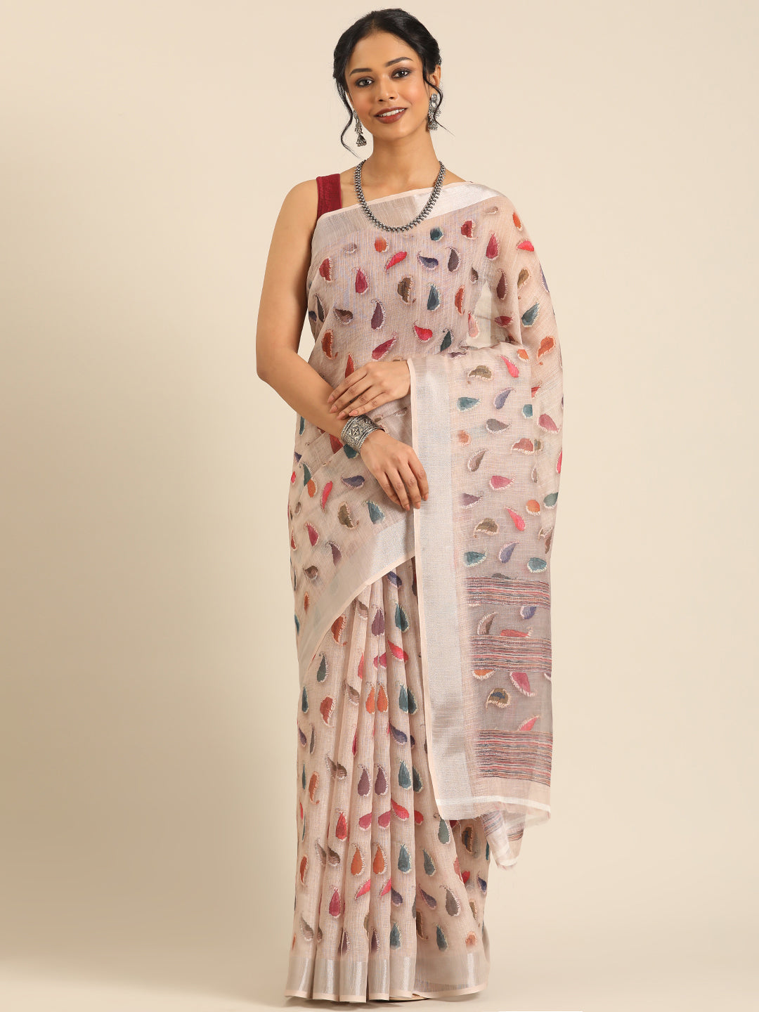 Mridula–Beige Printed Linen Saree