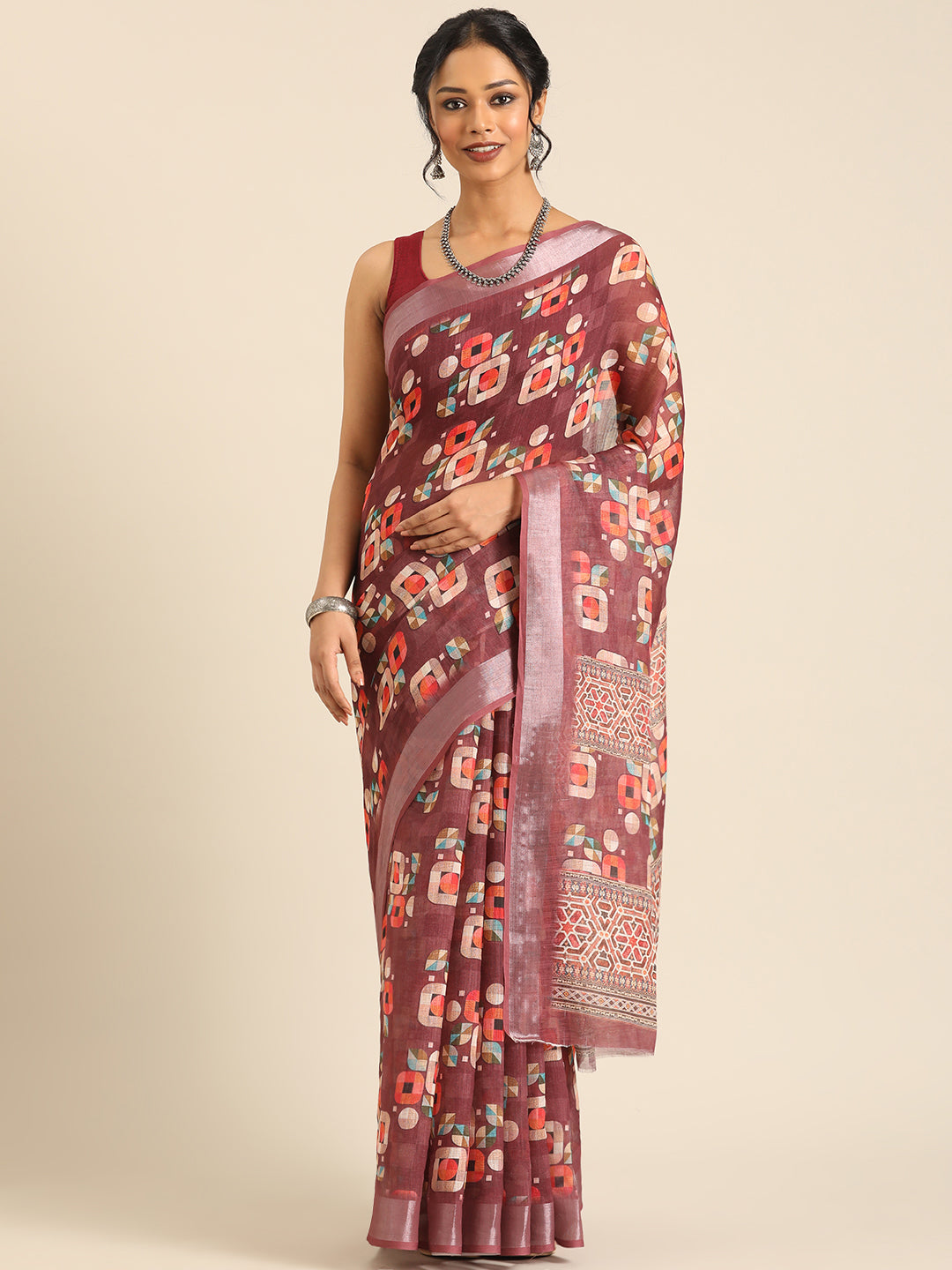 Mridula–Brown Printed Linen Saree