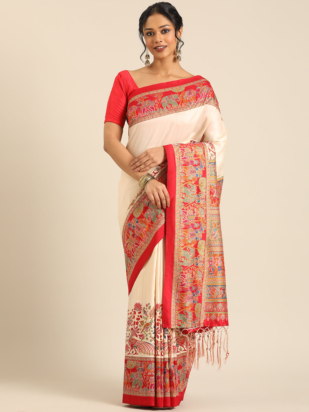 Kumuda β Off White Printed Soft Silk Saree