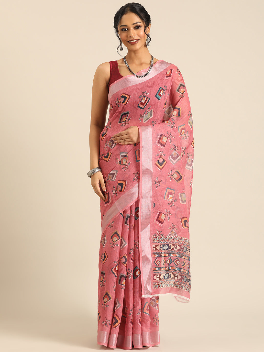 Mridula–Pink Printed Linen Saree