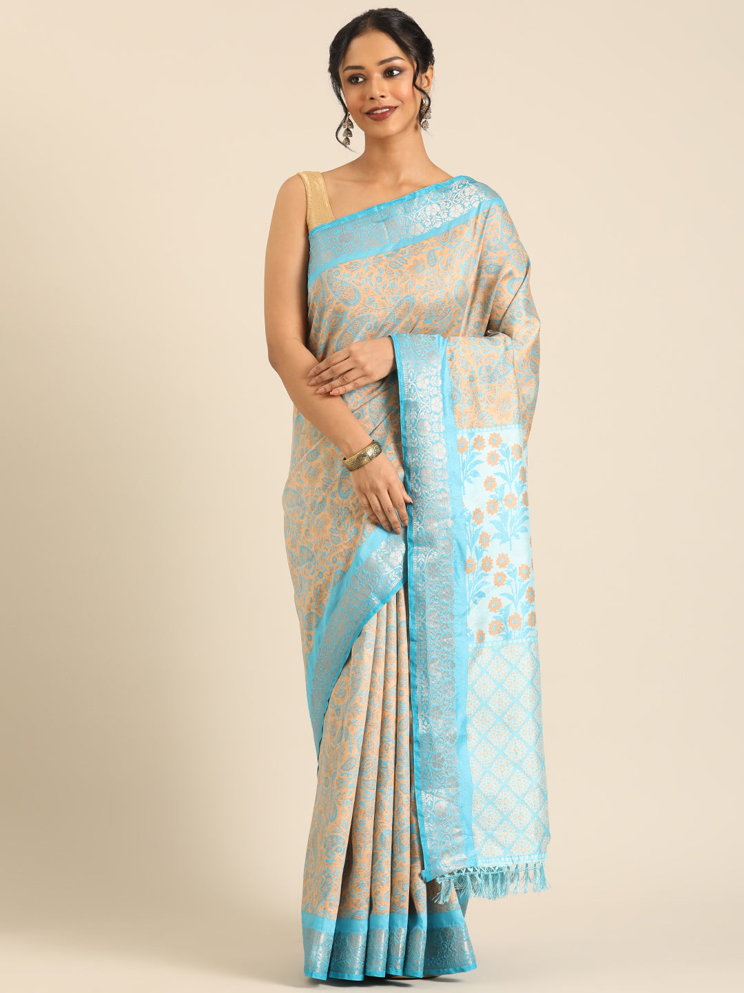 Niraaya–Turqouise Printed Soft Silk Saree