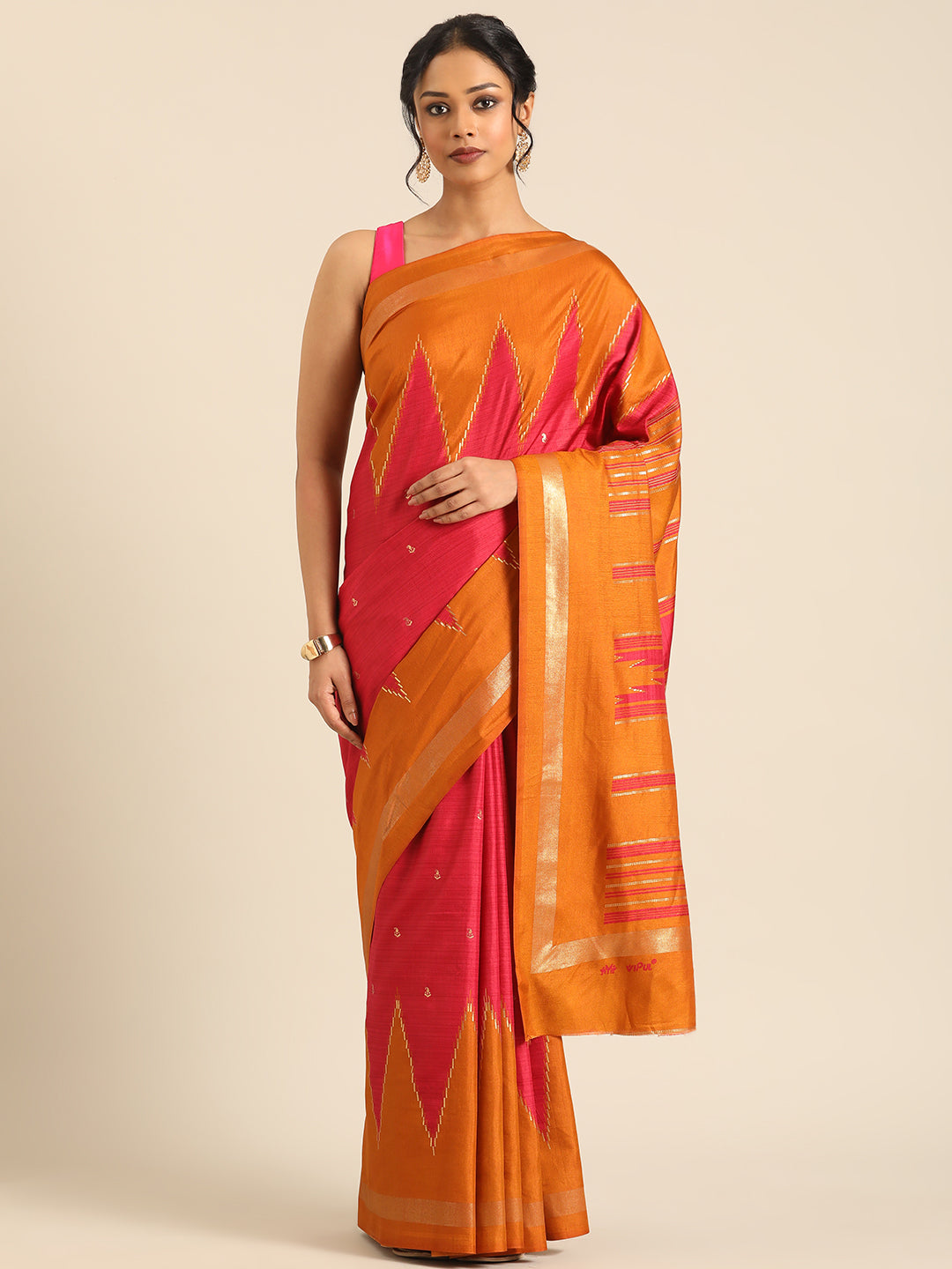 Tanta–Orange Printed Soft Silk Saree