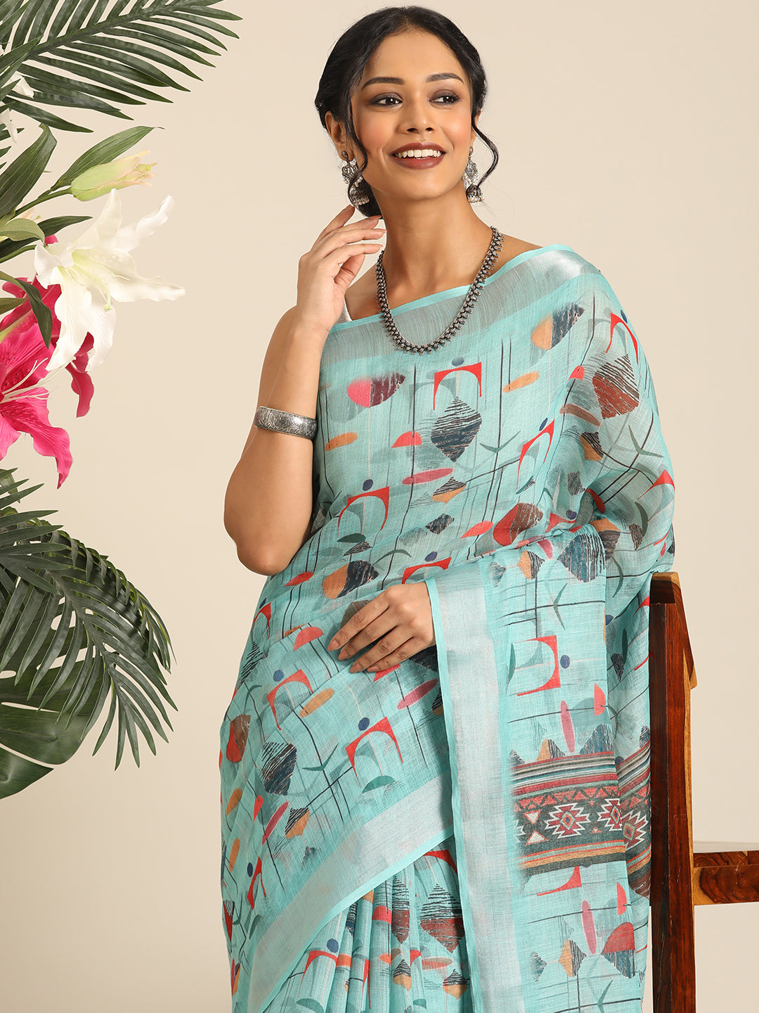 Mridula–Turquoise Printed Linen Saree