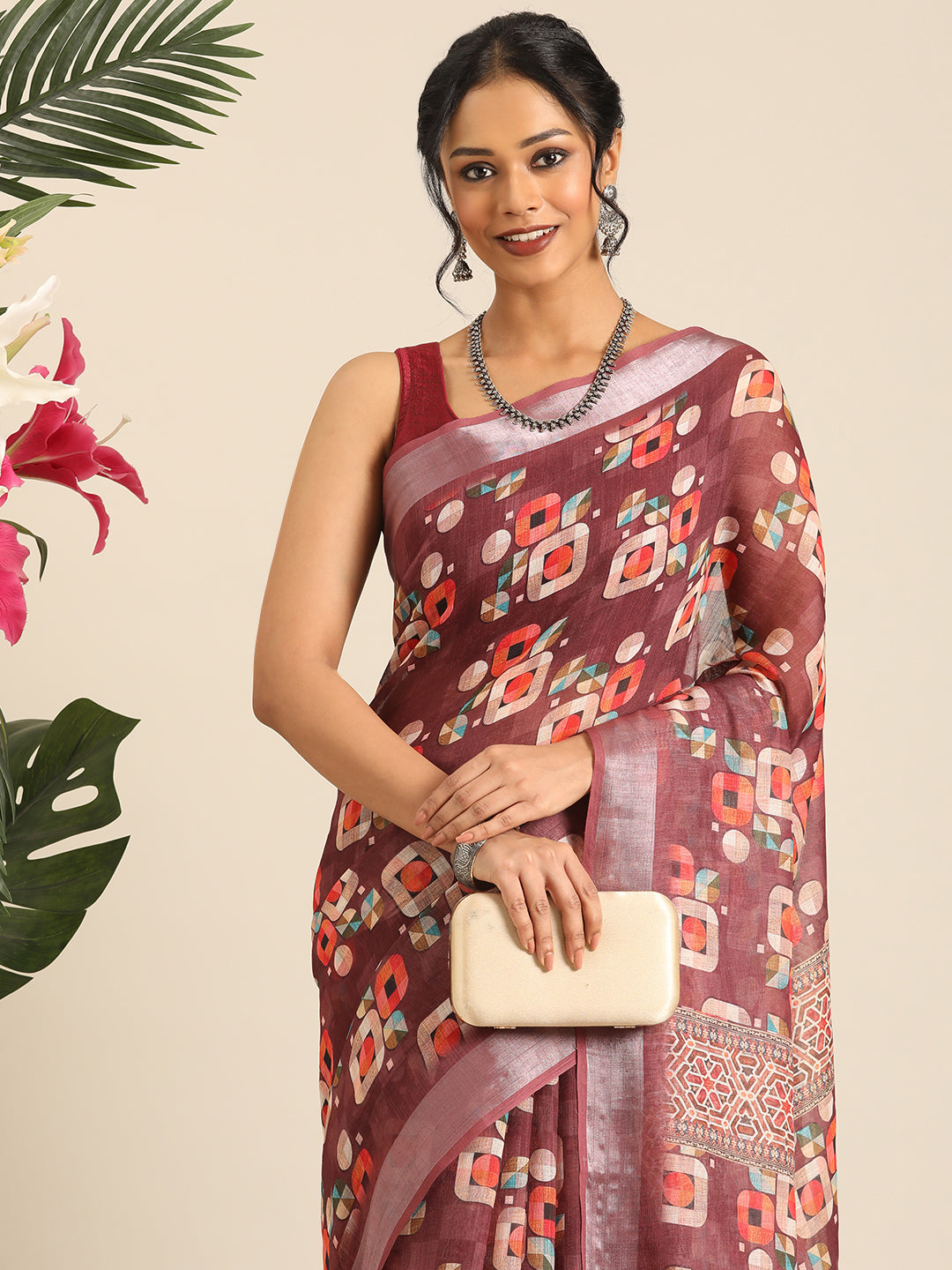 Mridula–Brown Printed Linen Saree