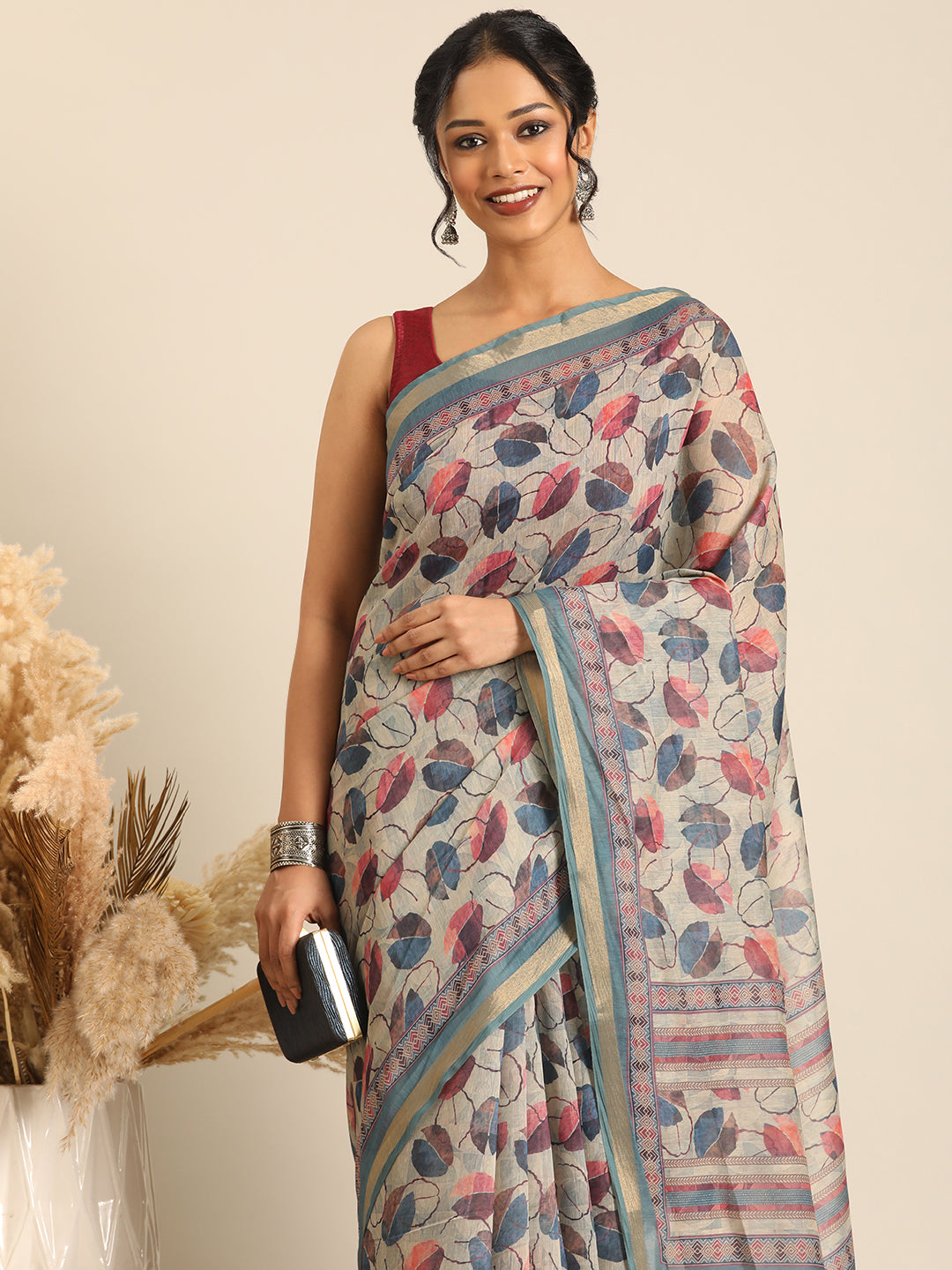 Taraang– Cream Printed Cotton Chanderi Saree