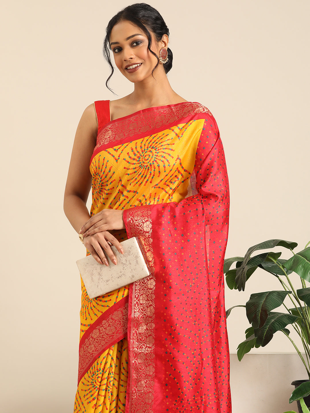 Vanya–Yellow Red Printed Weaving Silk Saree