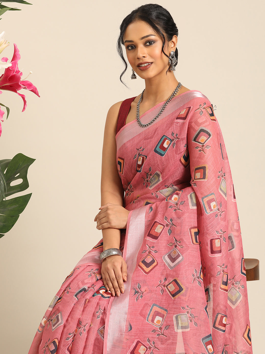Mridula–Pink Printed Linen Saree