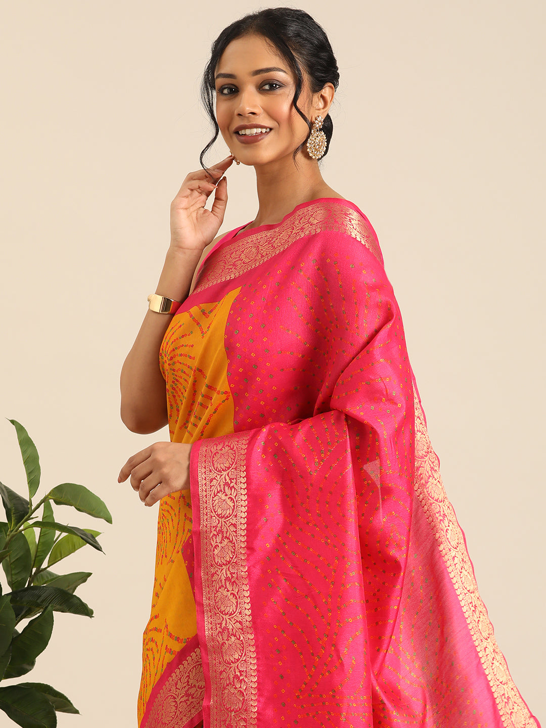 Vanya–Yellow Pink Printed Weaving Silk Saree