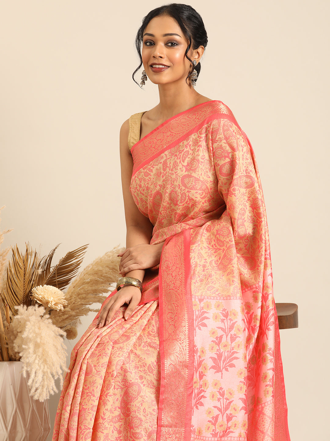 Niraaya–Peach Printed Soft Silk Saree