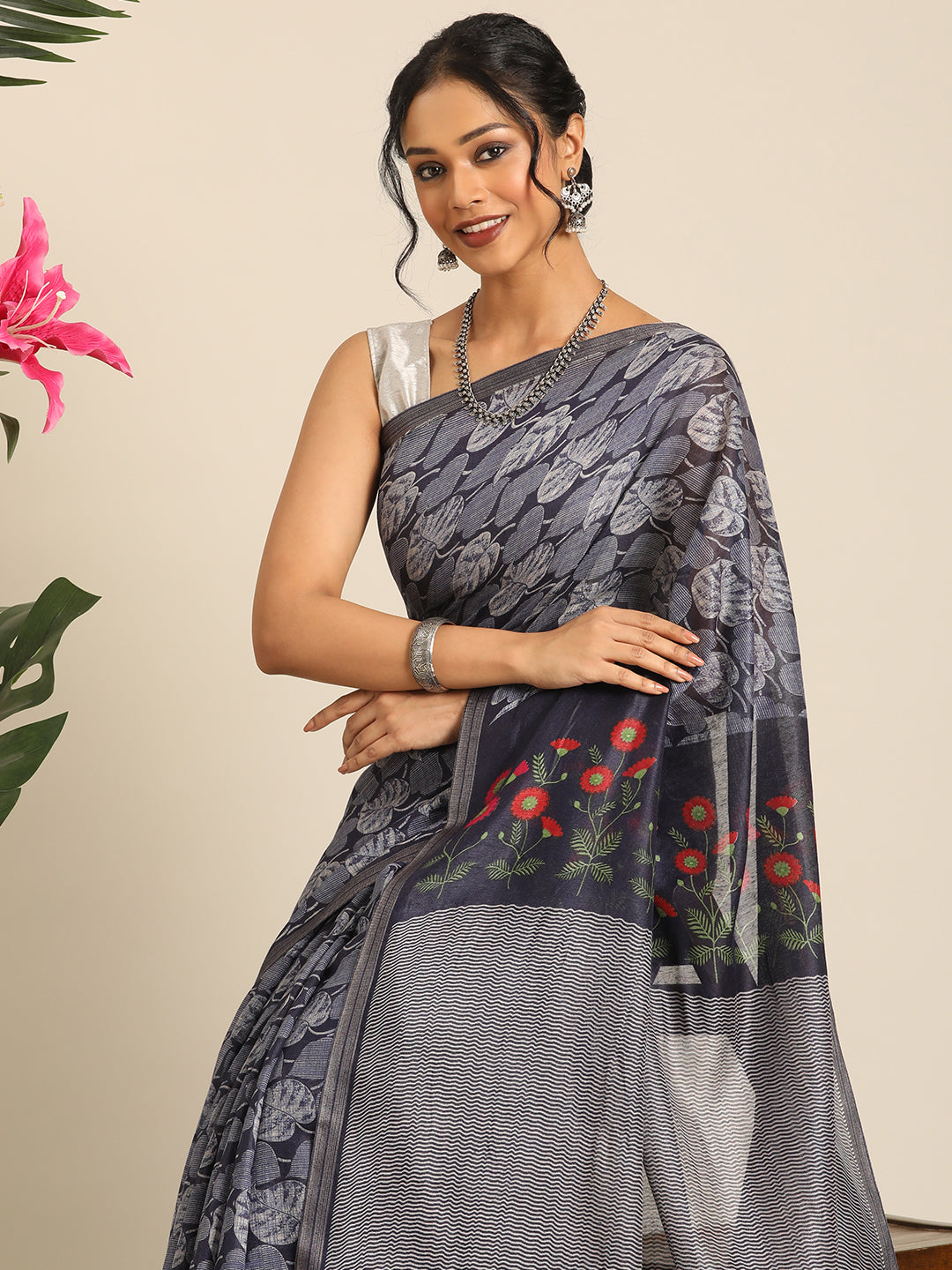 Saanvi–Blue Printed Cotton Linen Saree