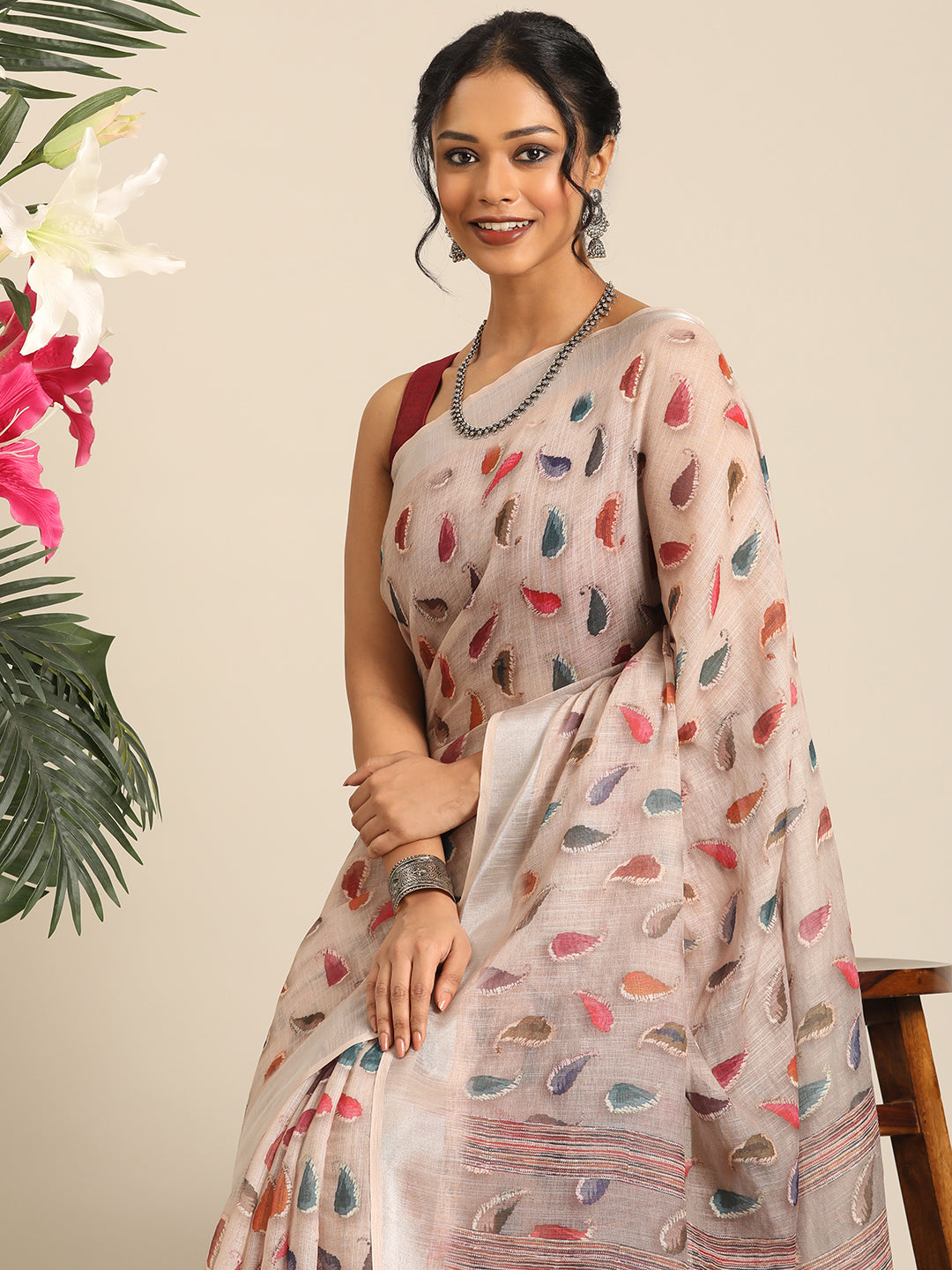 Mridula–Beige Printed Linen Saree