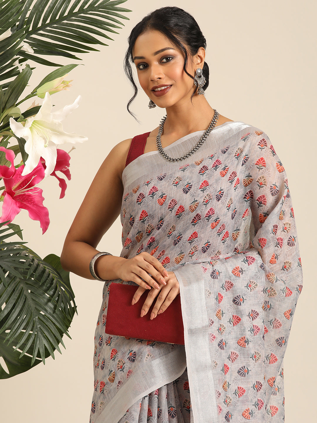 Mridula–Grey Printed Linen Saree