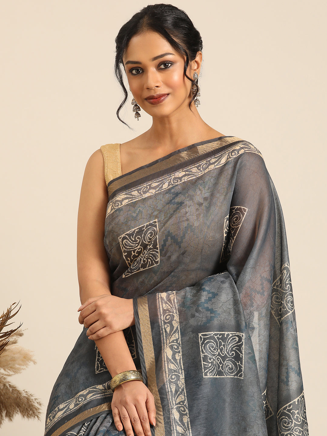 Taraang– Dark Grey Printed Cotton Chanderi Saree