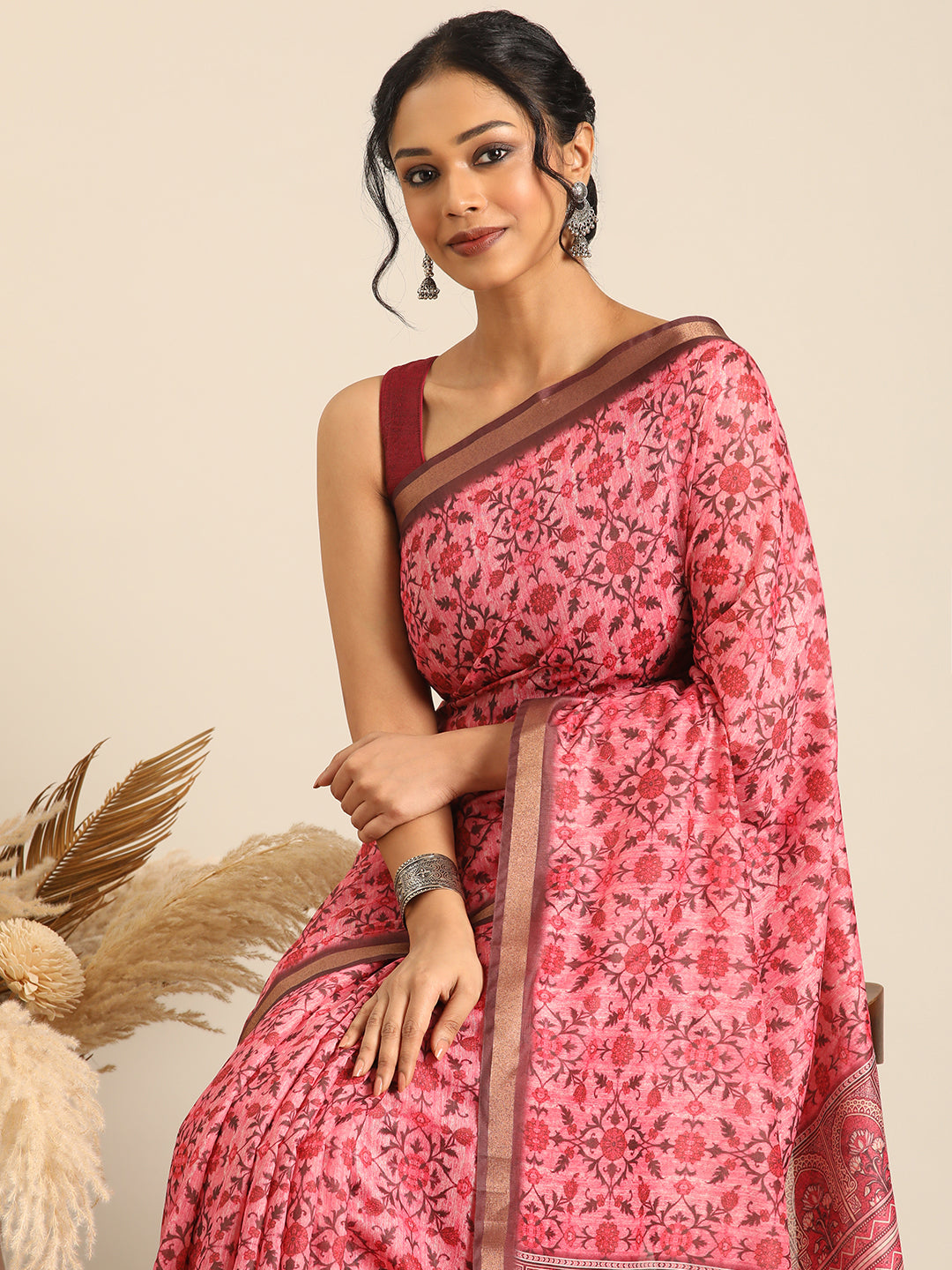 Taraang–Pink Printed Cotton Chanderi Saree