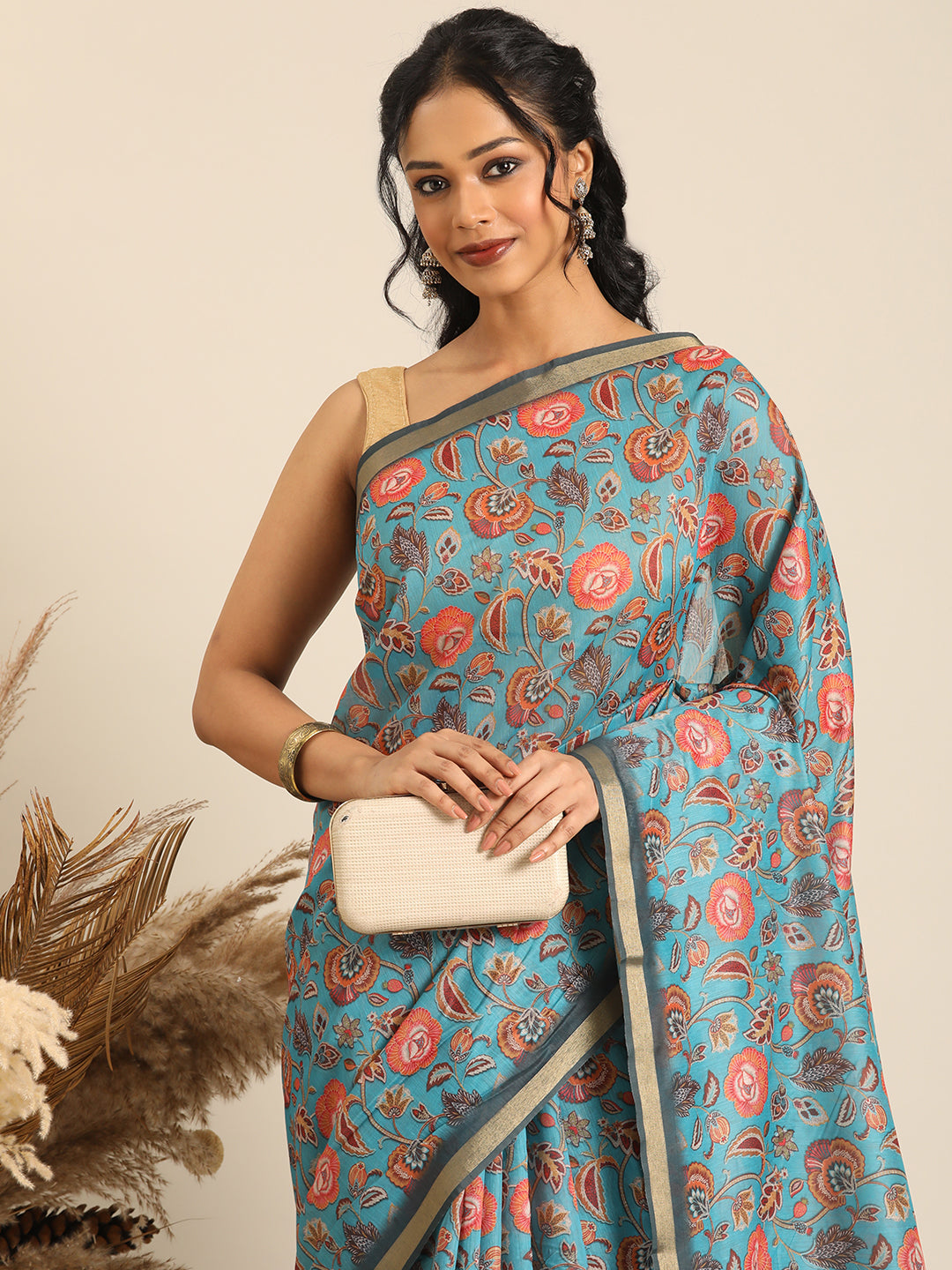 Taraang–Blue Printed Cotton Chanderi Saree