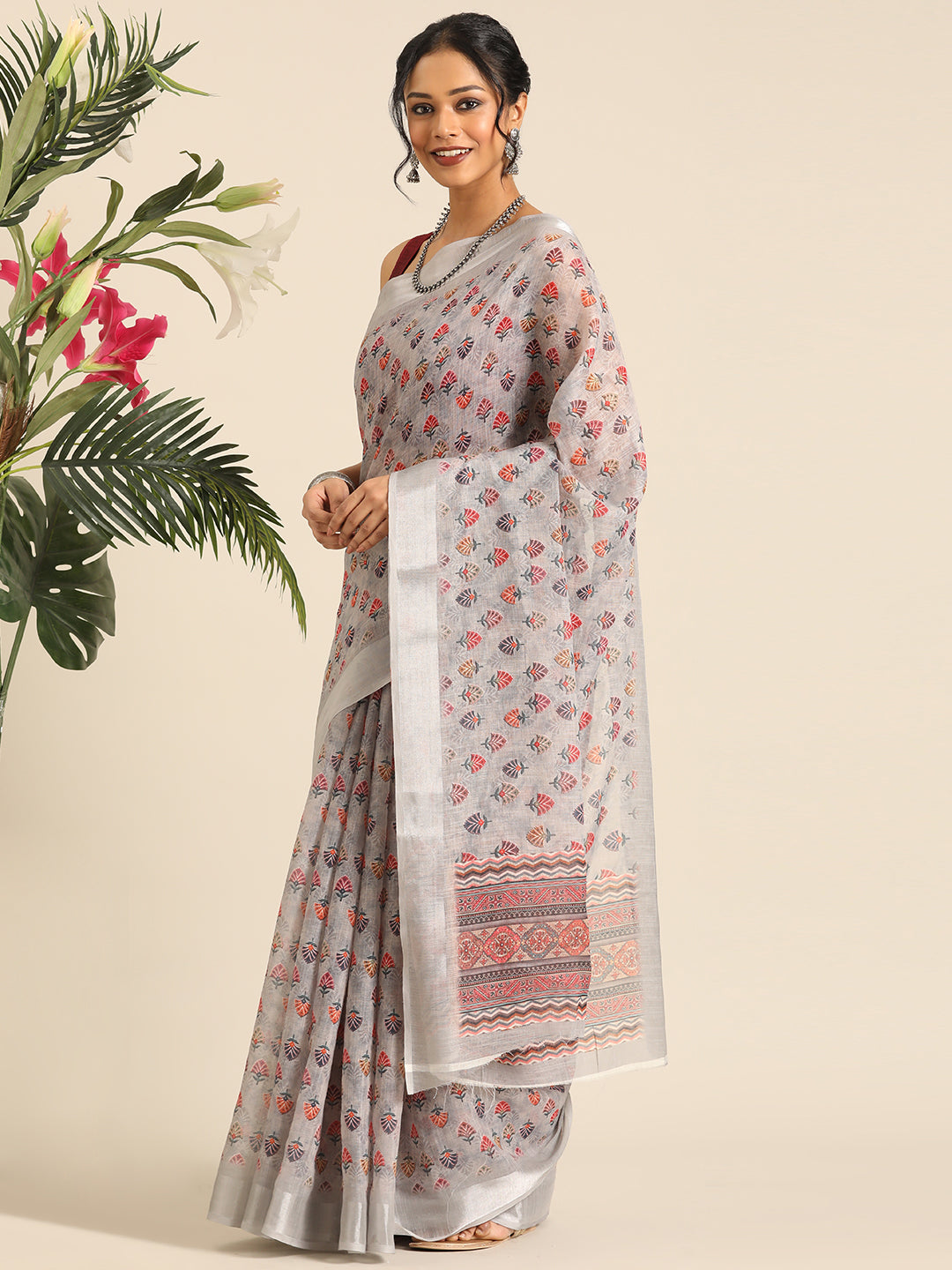 Mridula–Grey Printed Linen Saree