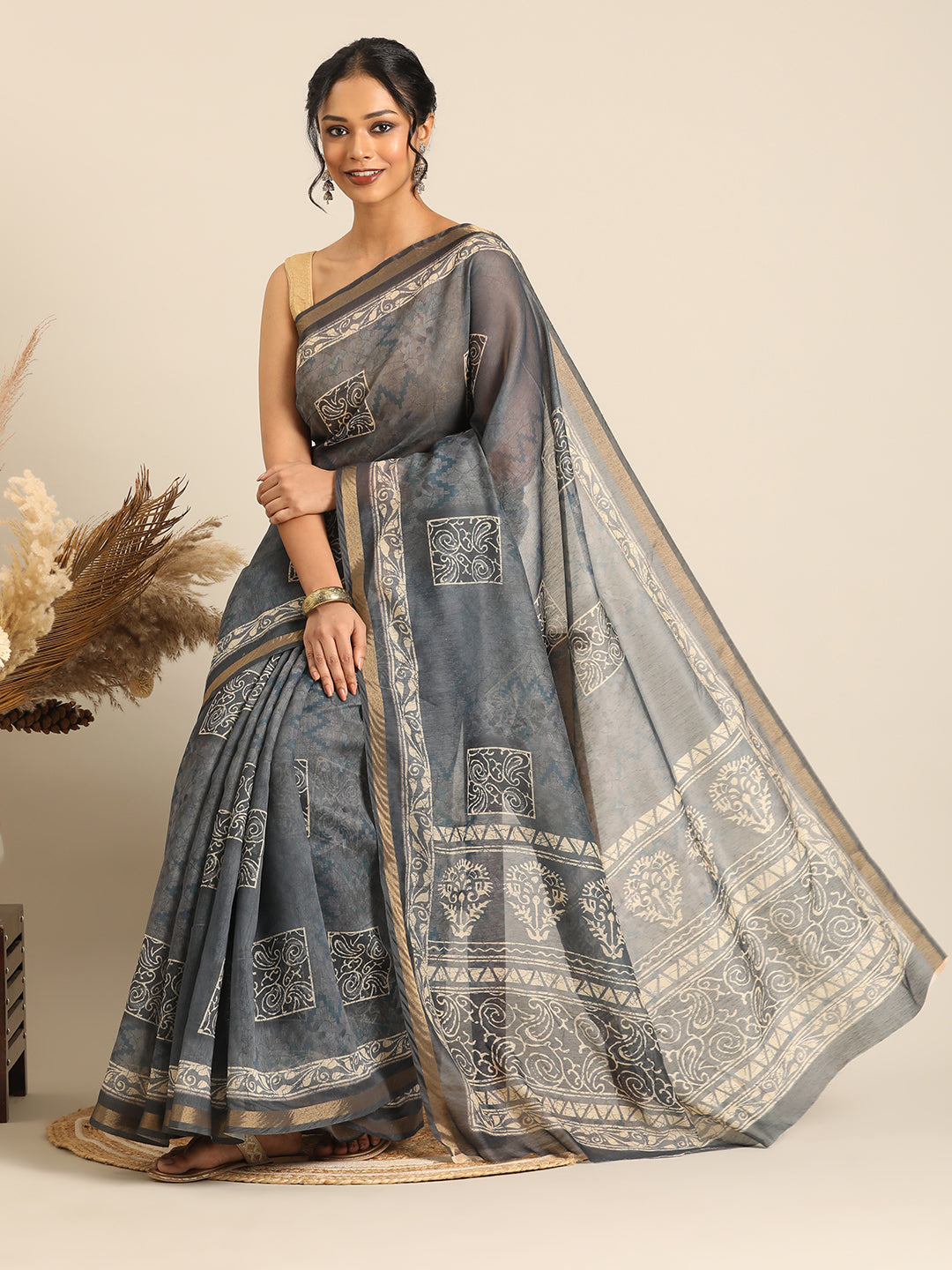 Taraang– Dark Grey Printed Cotton Chanderi Saree