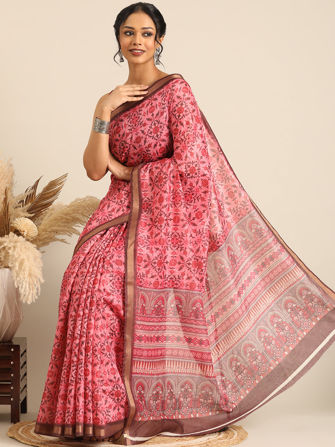 Taraang–Pink Printed Cotton Chanderi Saree