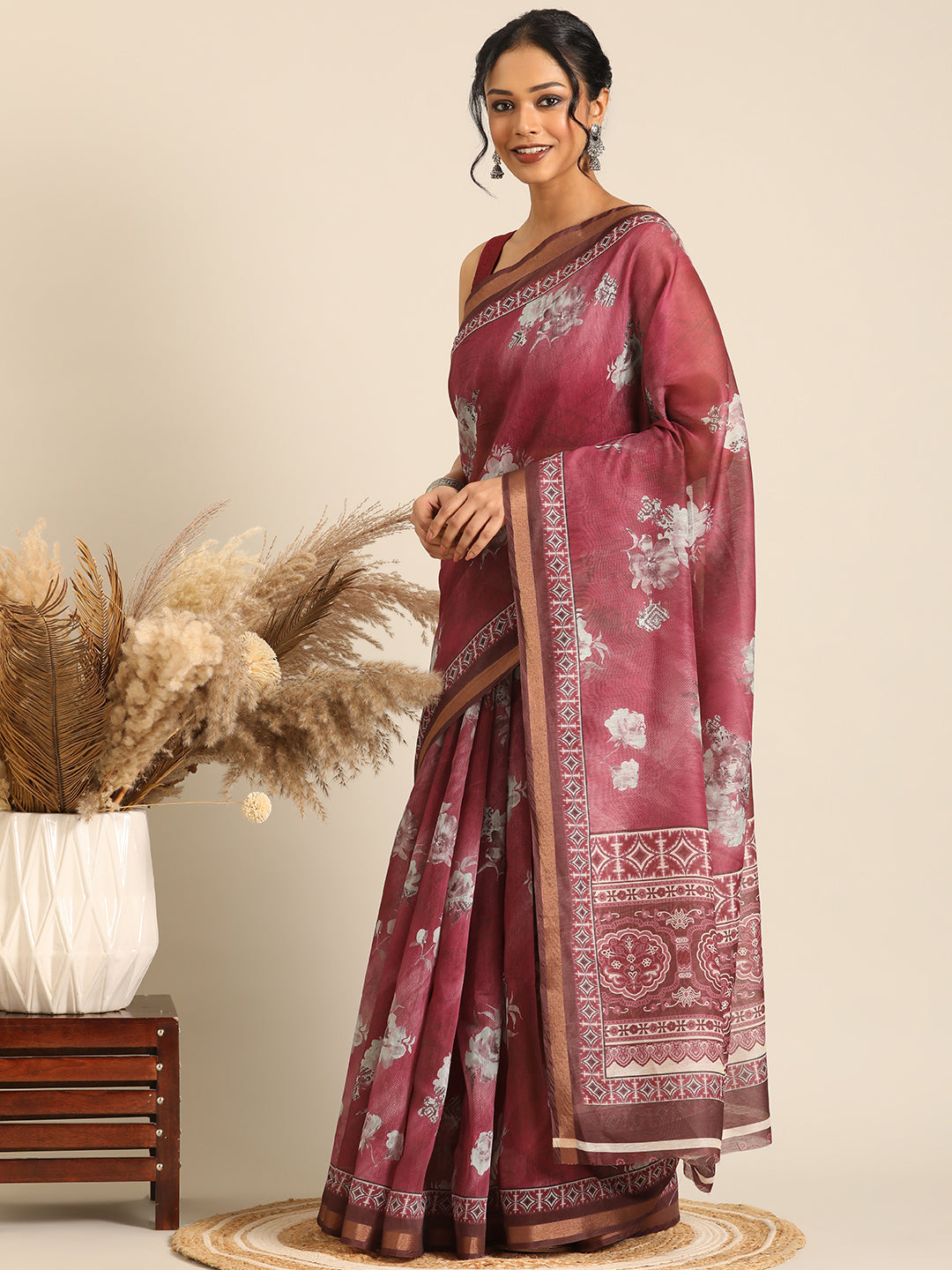 Taraang– Red Printed Cotton Chanderi Saree