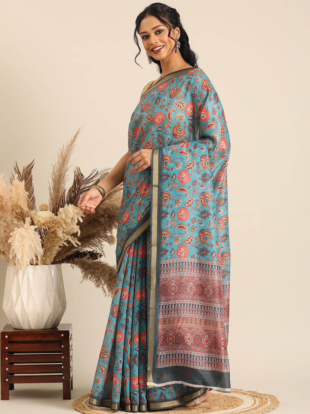 Taraang–Blue Printed Cotton Chanderi Saree
