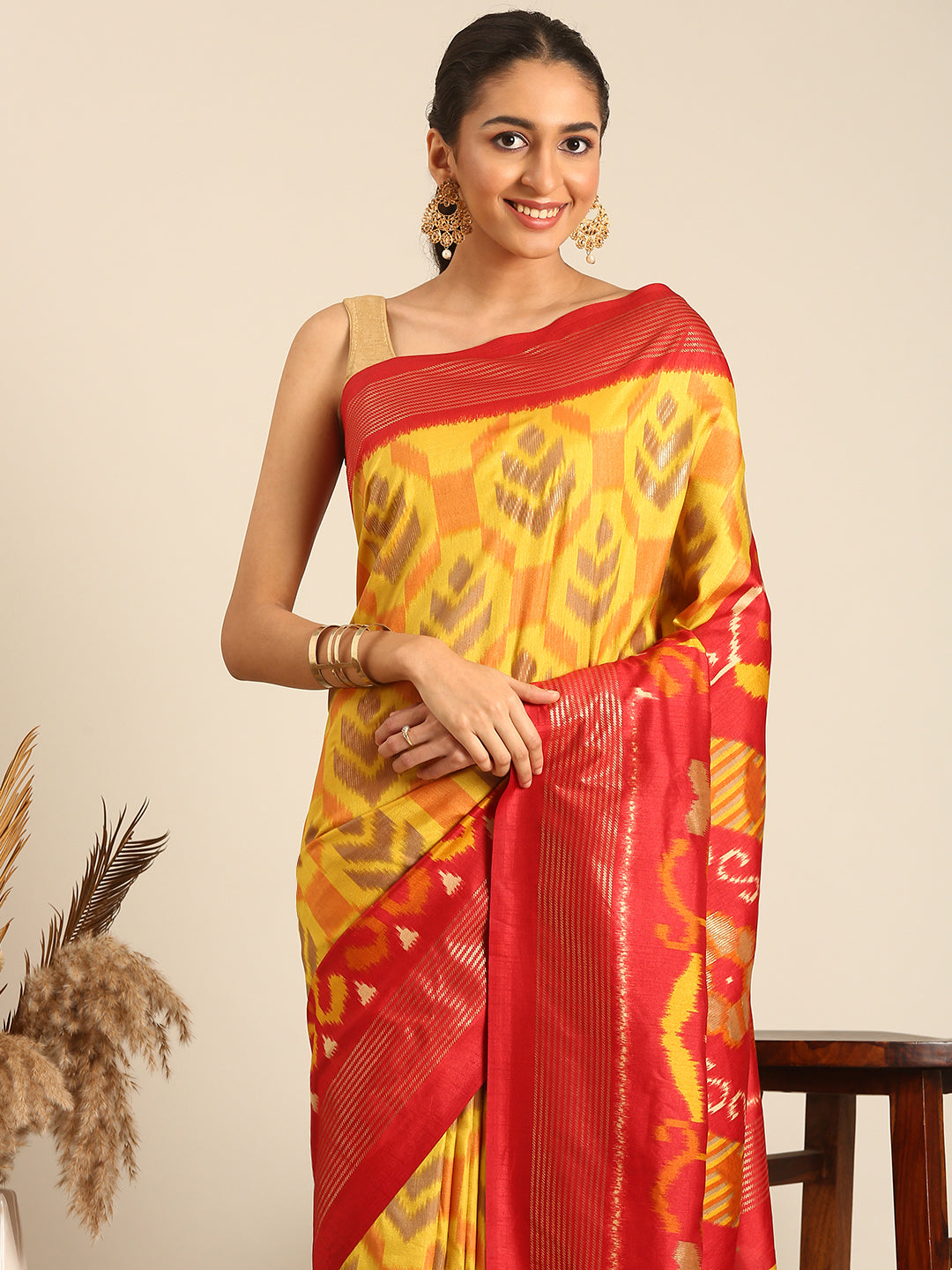 Tanta - Yellow & Red Printed Soft Silk Saree