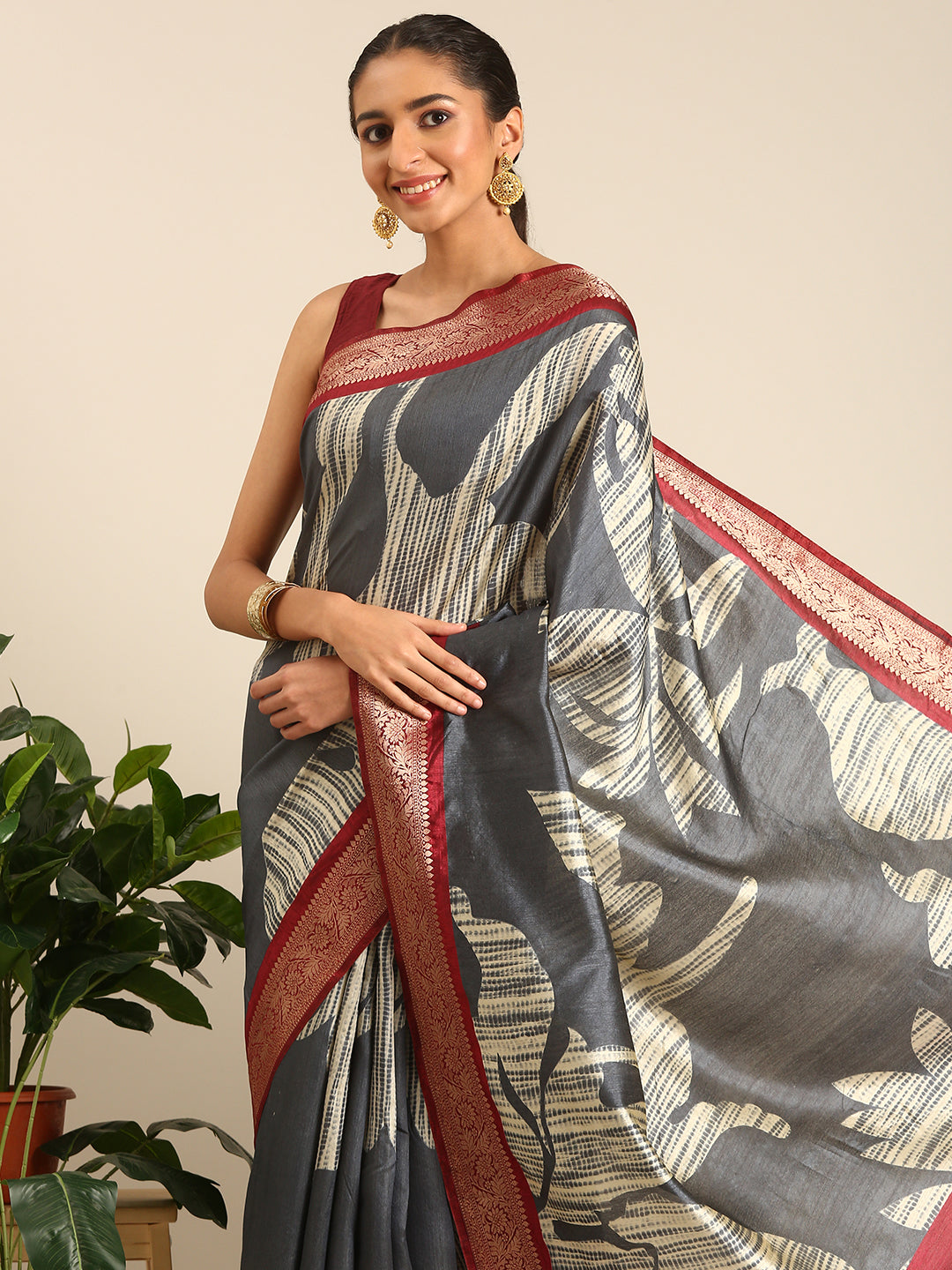 Saanvi - Grey Printed Art Silk Saree