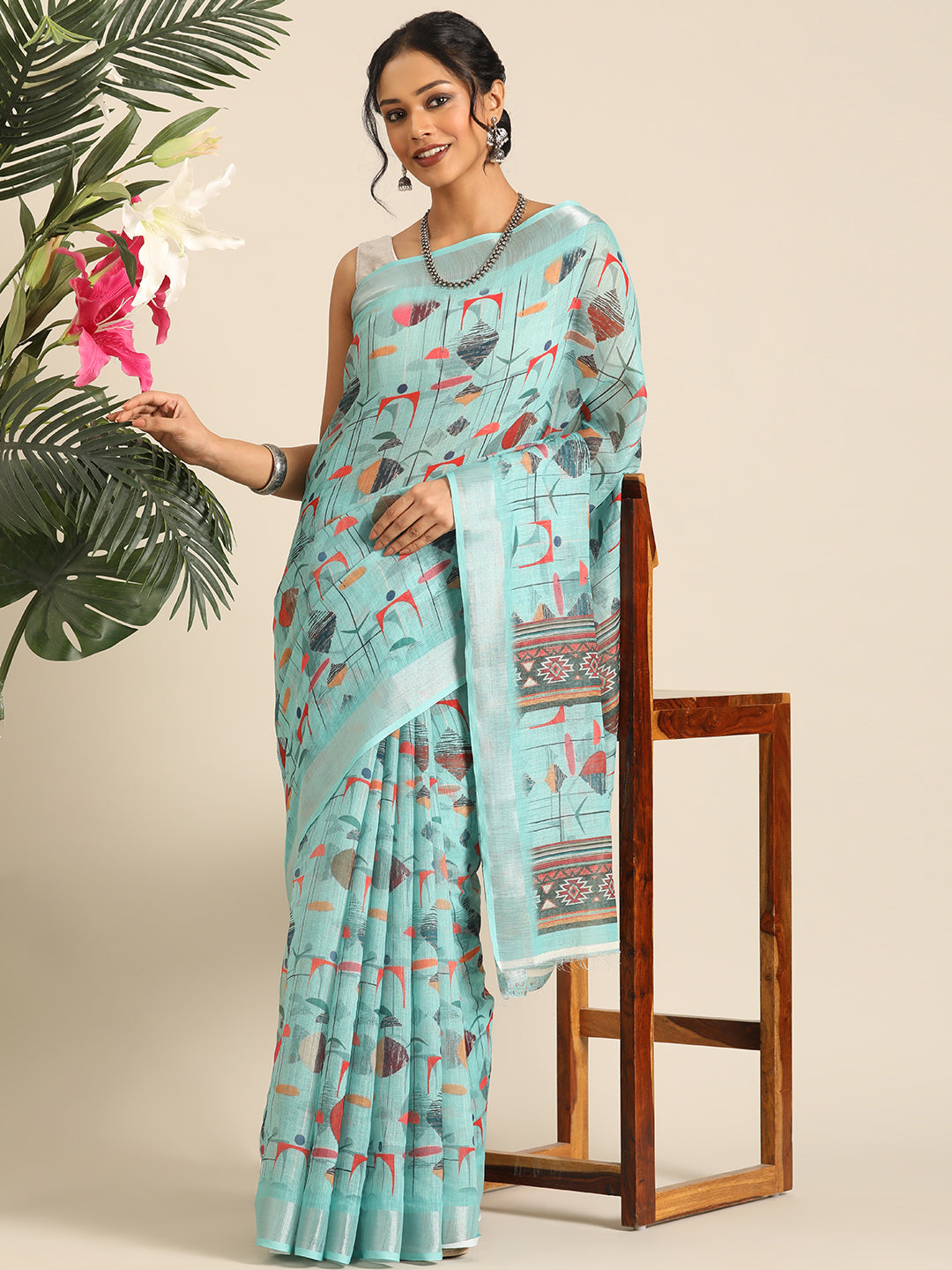 Mridula–Turquoise Printed Linen Saree