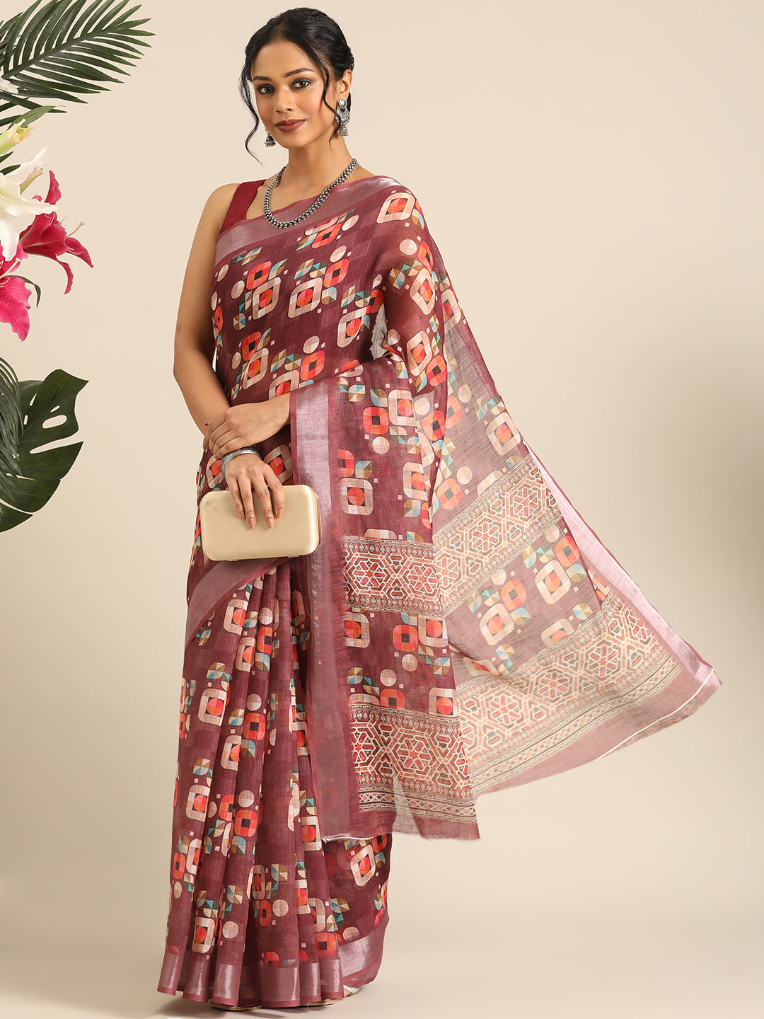 Mridula–Brown Printed Linen Saree