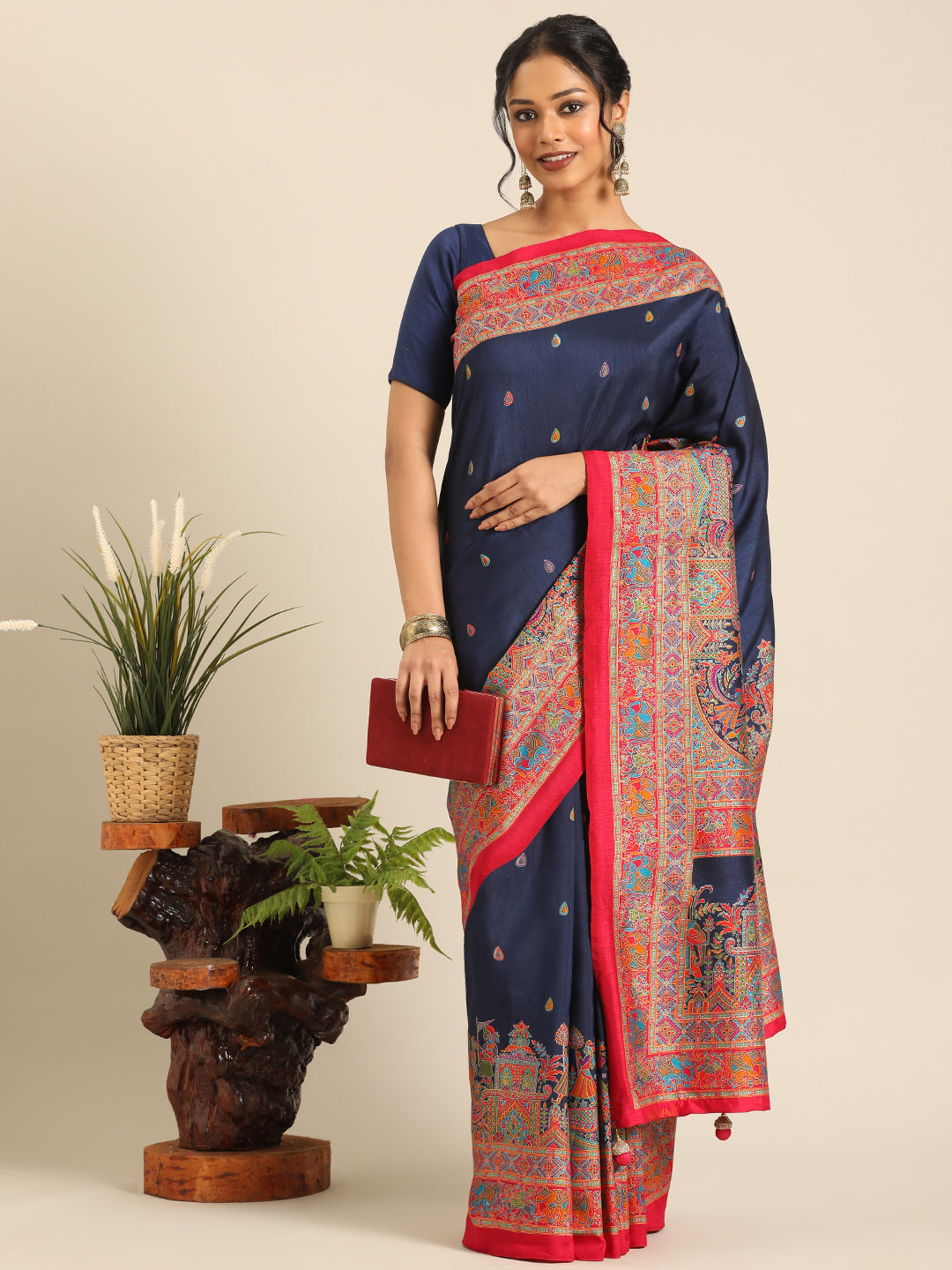 Kumuda – Navy Blue Printed Soft Silk Saree