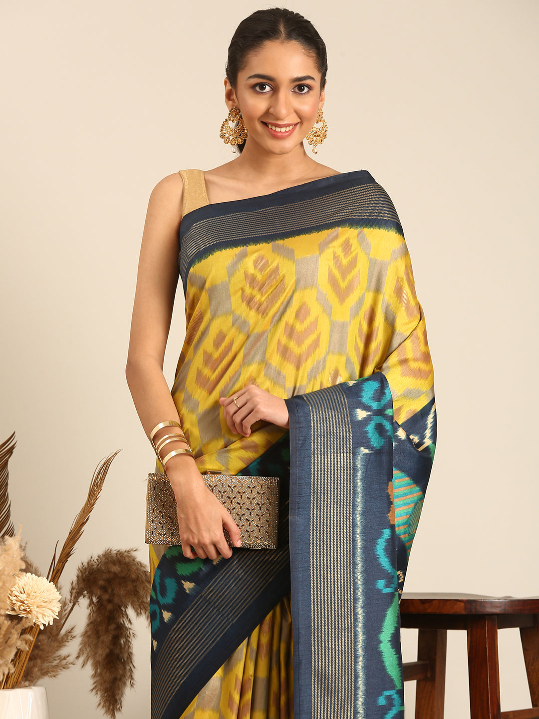 Tanta - Yellow & Rama Green Printed Soft Silk Saree