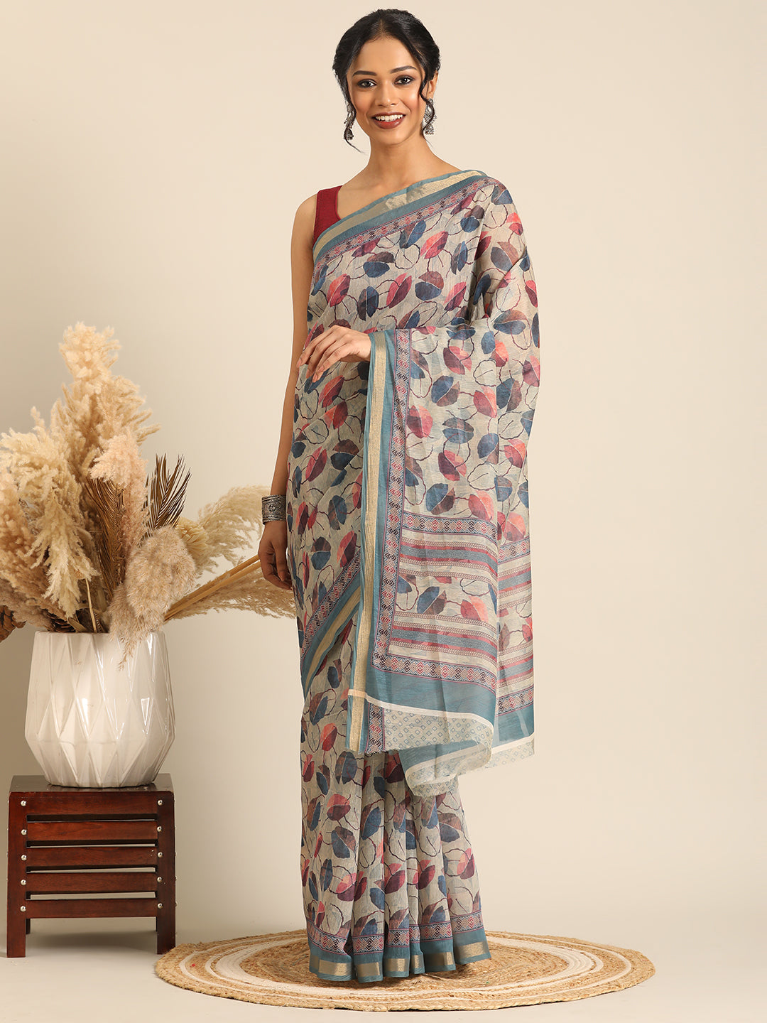 Taraang– Cream Printed Cotton Chanderi Saree
