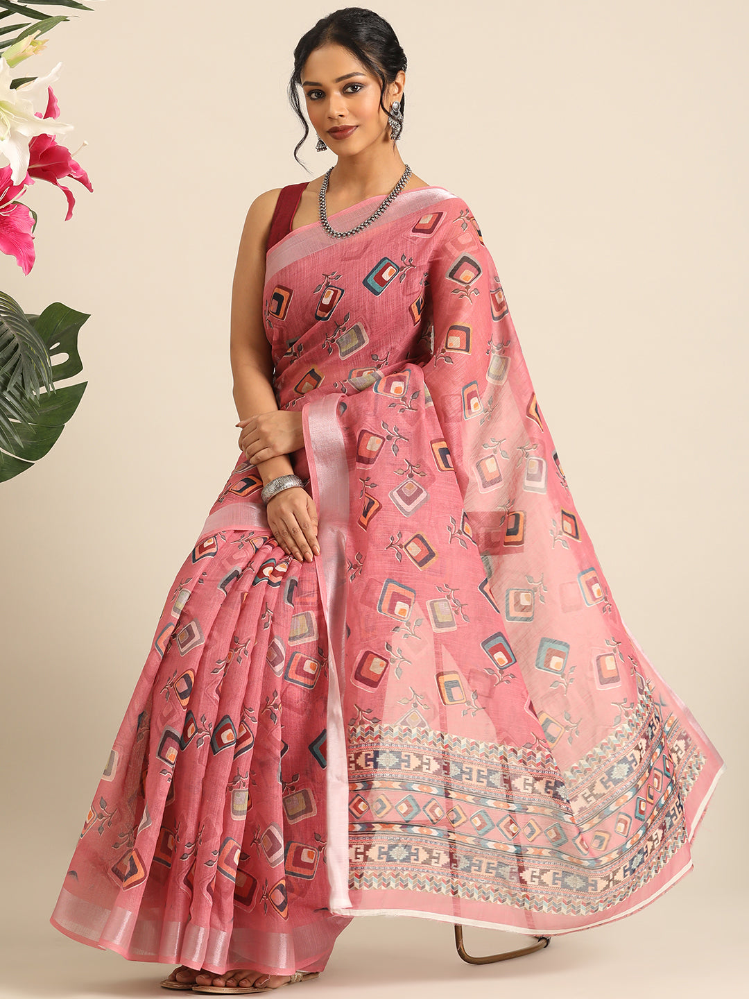 Mridula–Pink Printed Linen Saree