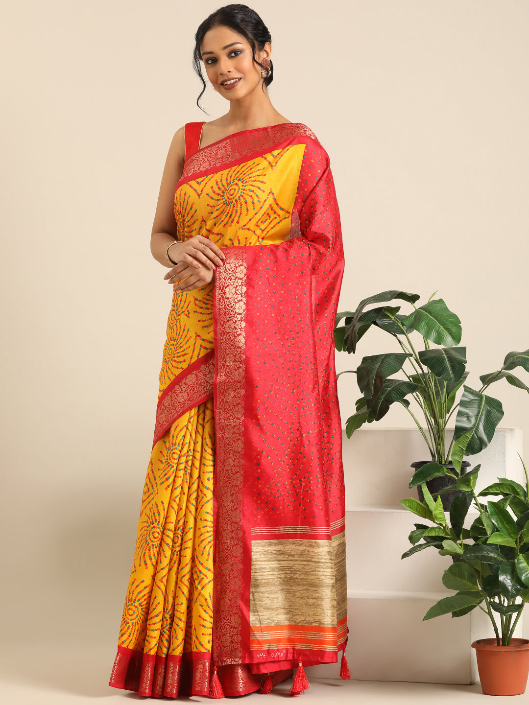 Vanya–Yellow Red Printed Weaving Silk Saree
