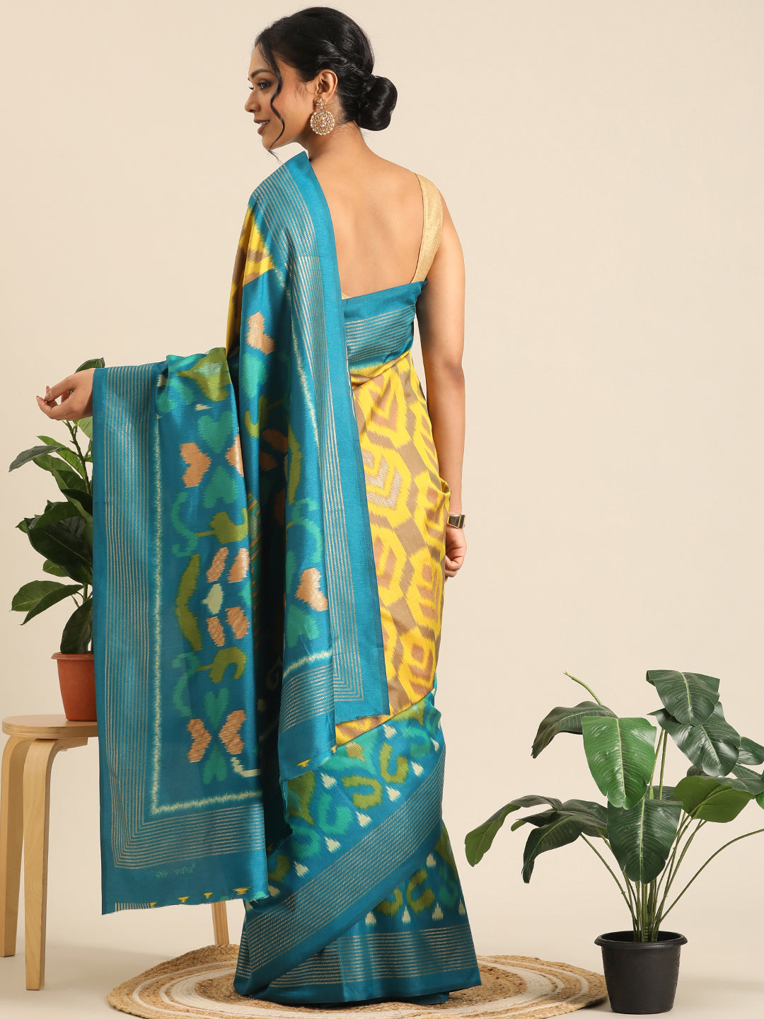 Tanta–Yellow Turqouise Printed Soft Silk Saree