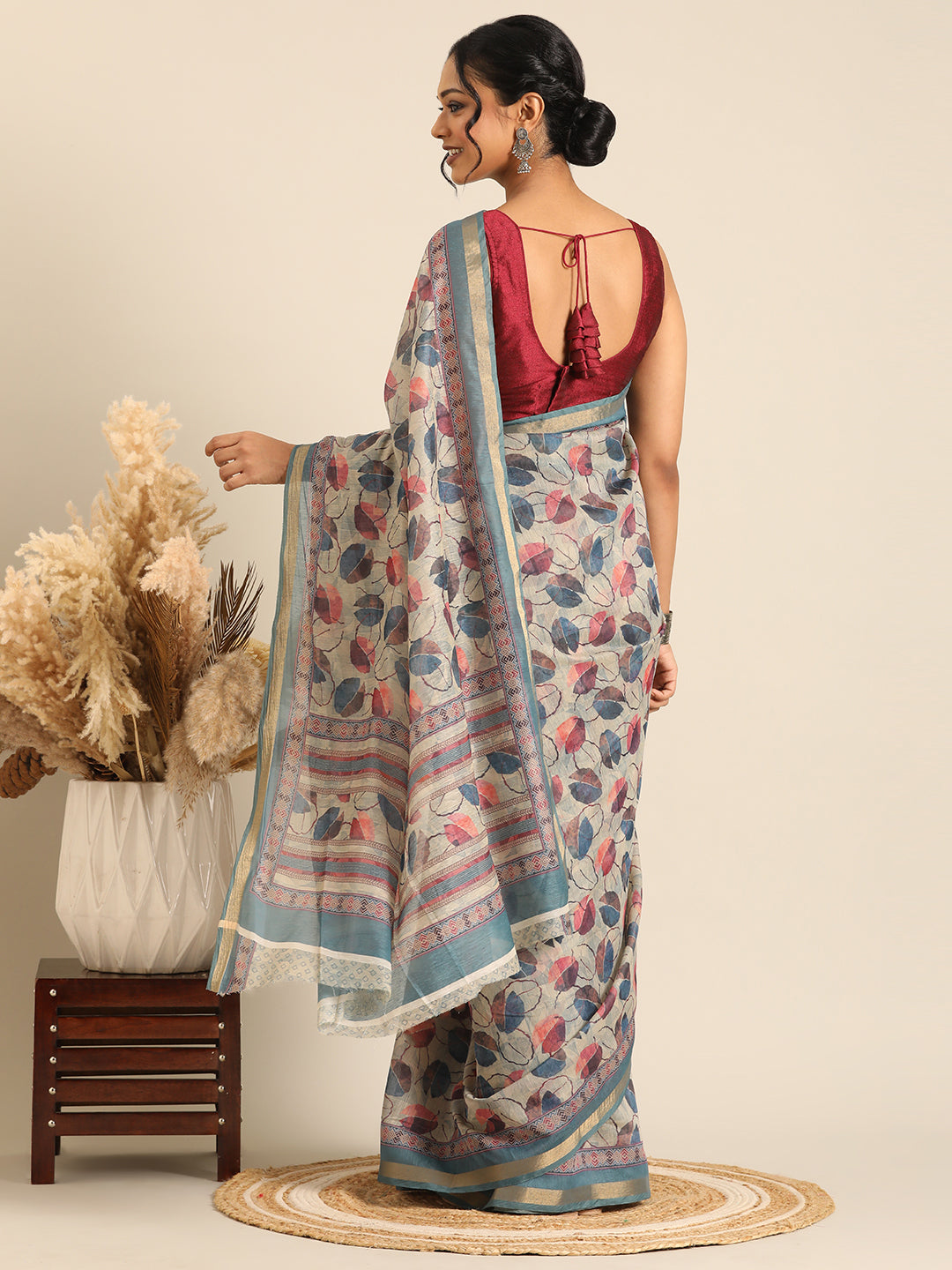 Taraang– Cream Printed Cotton Chanderi Saree