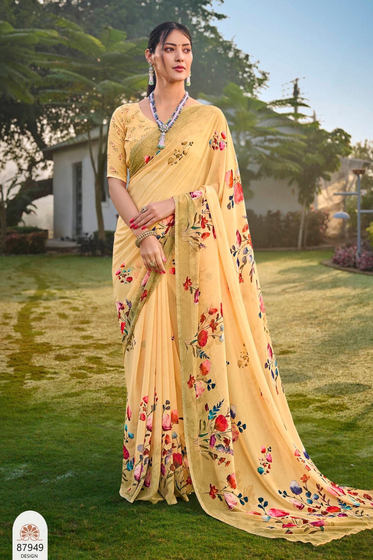 Riddhi - Yellow Georgette Floral Digital Printed Saree