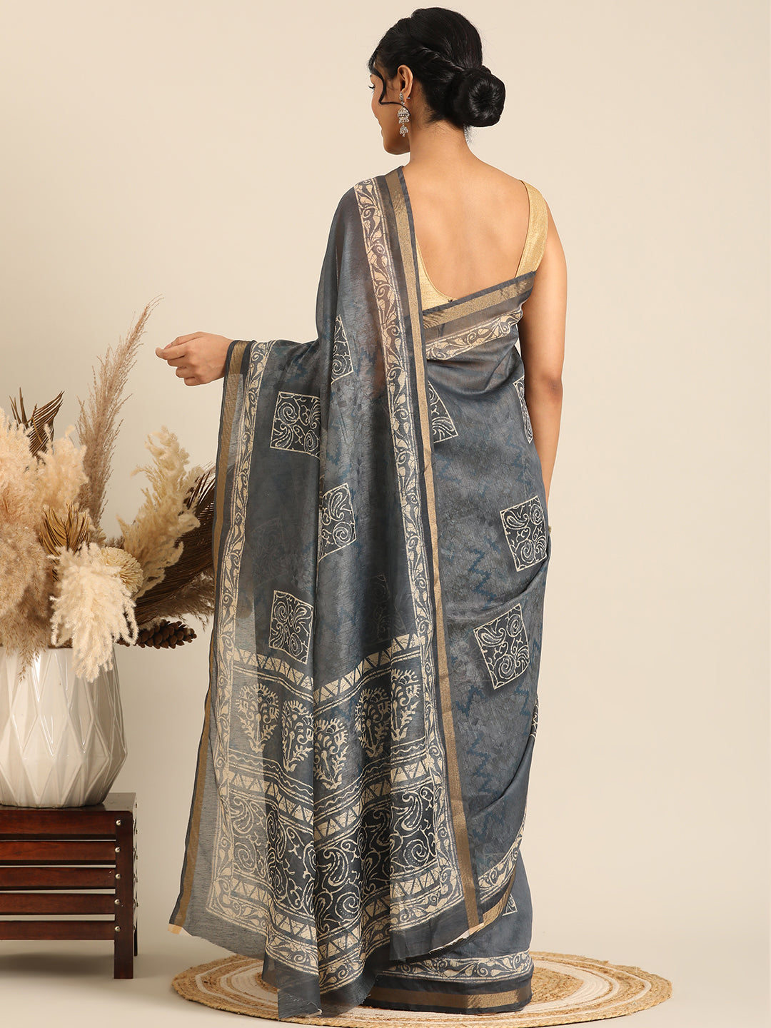 Taraang– Dark Grey Printed Cotton Chanderi Saree