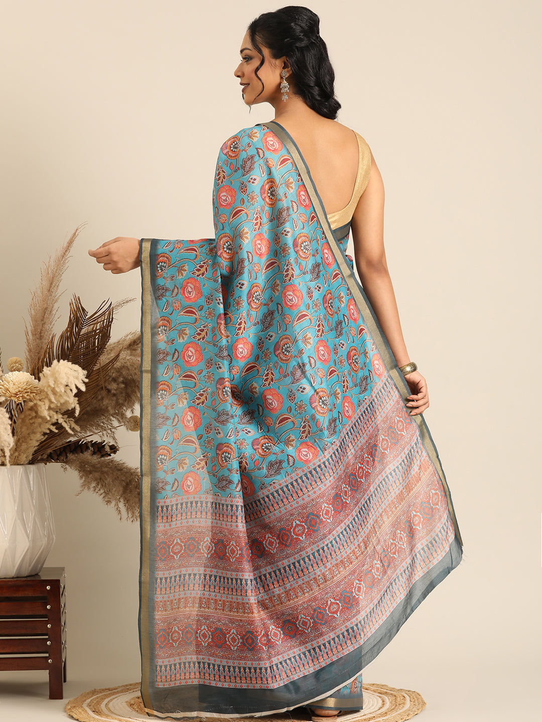 Taraang–Blue Printed Cotton Chanderi Saree